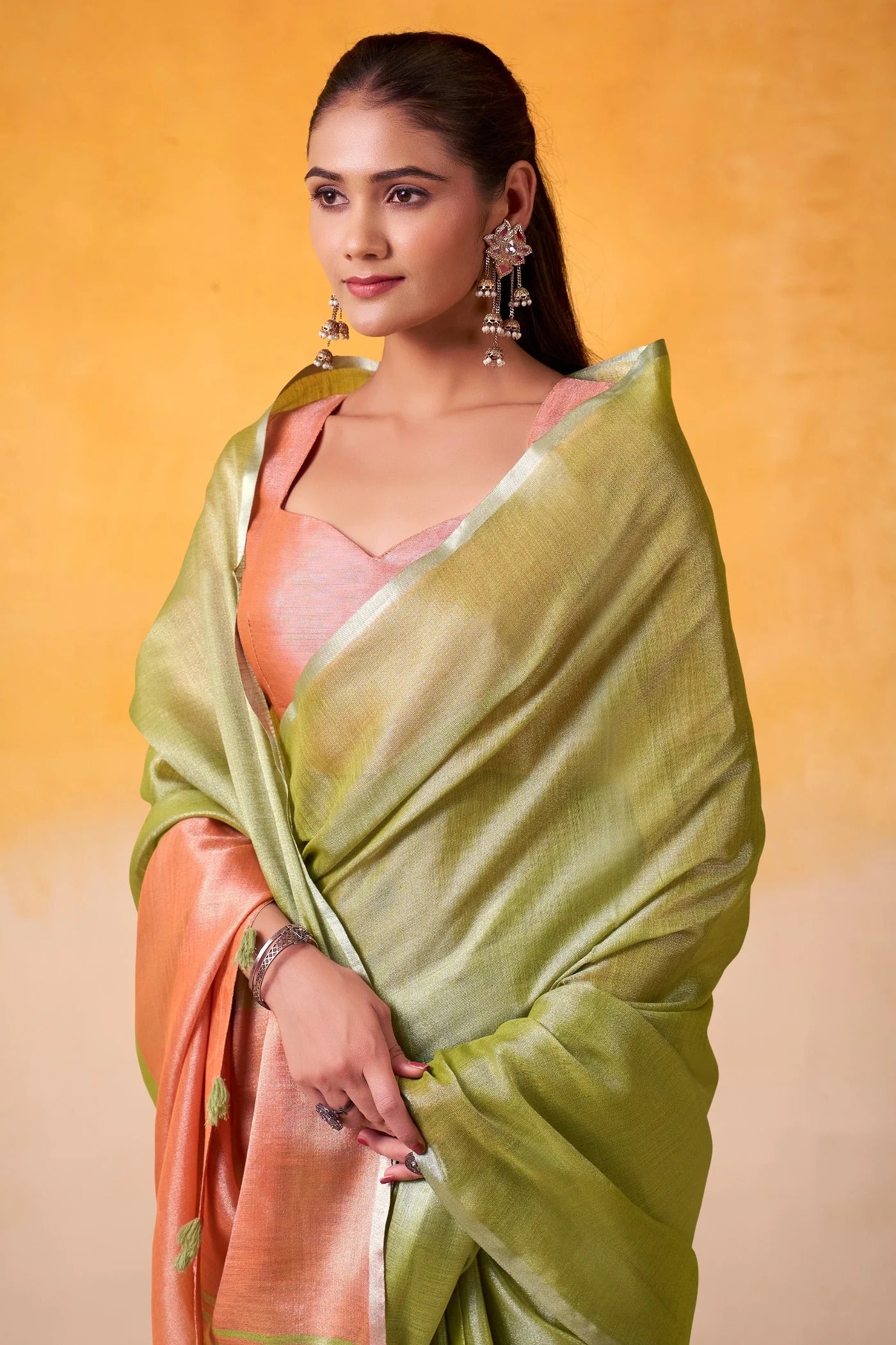 Tea Green Woven Tissue Soft Silk Saree With Blouse