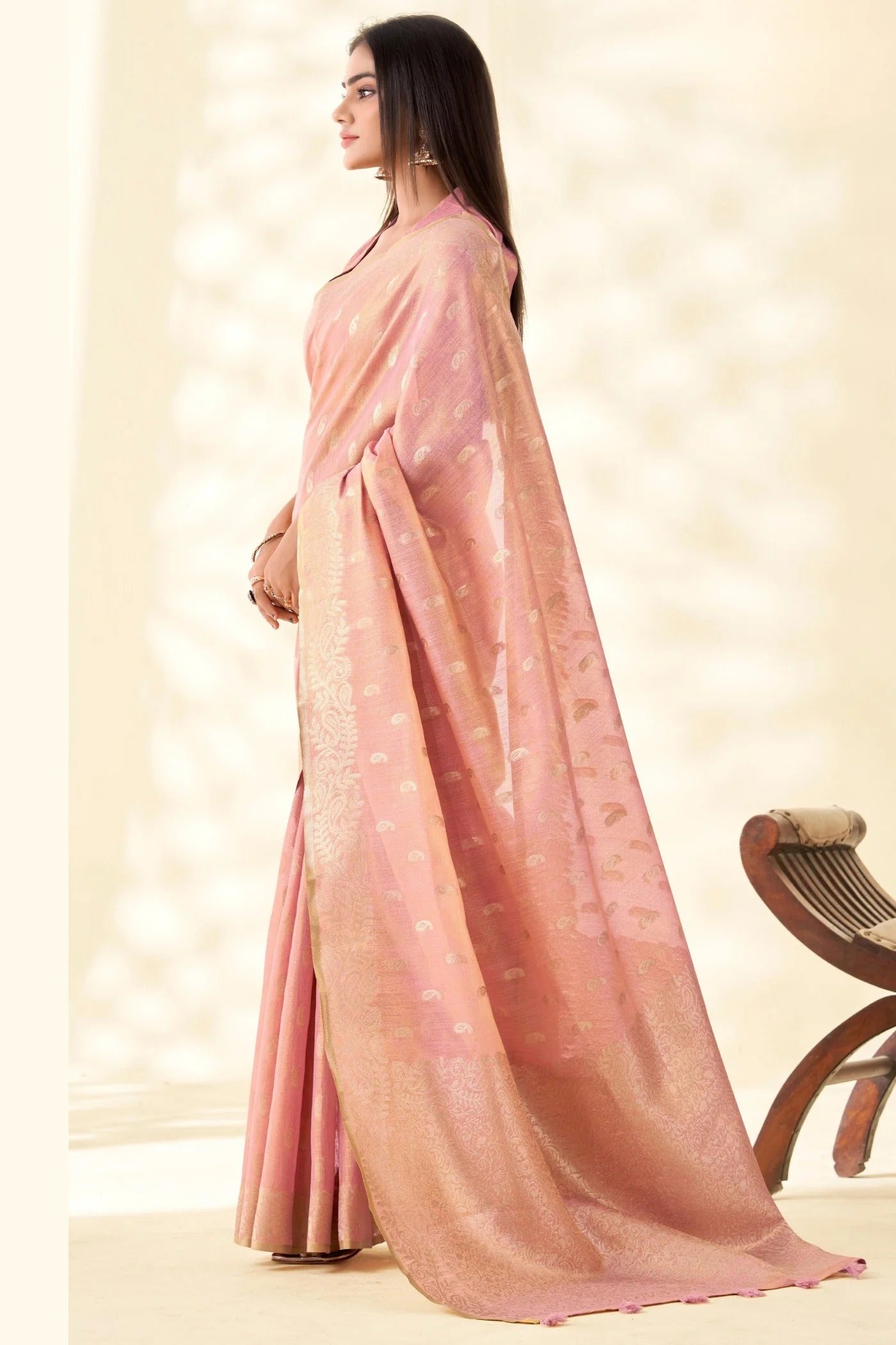 Peach Woven Tissue Linen Saree With Blouse