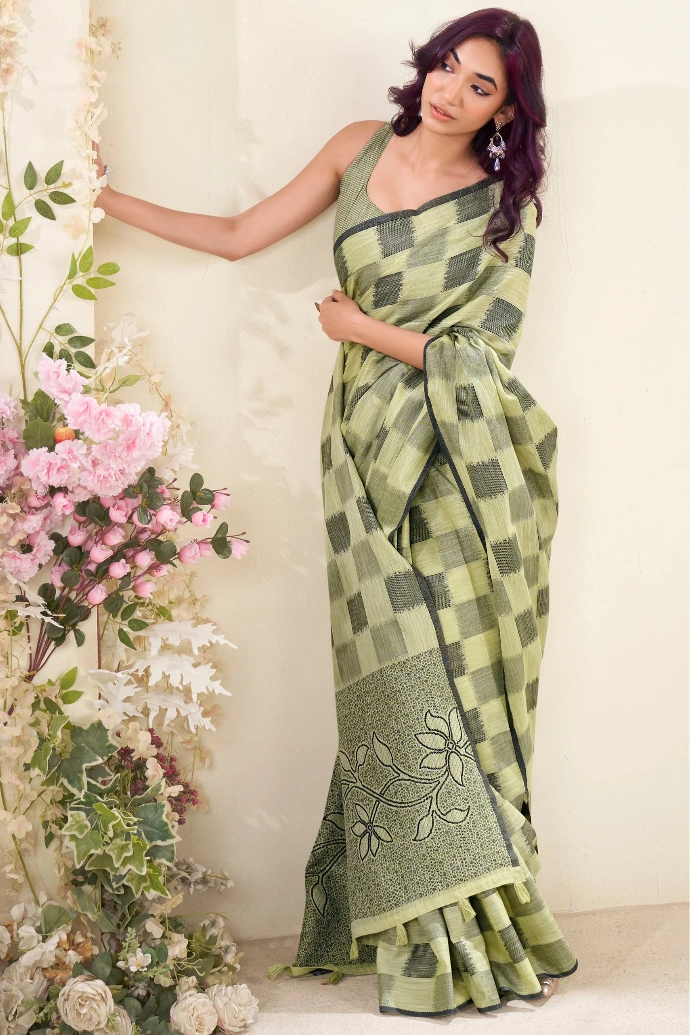 Willow Green Woven Linen Soft Saree