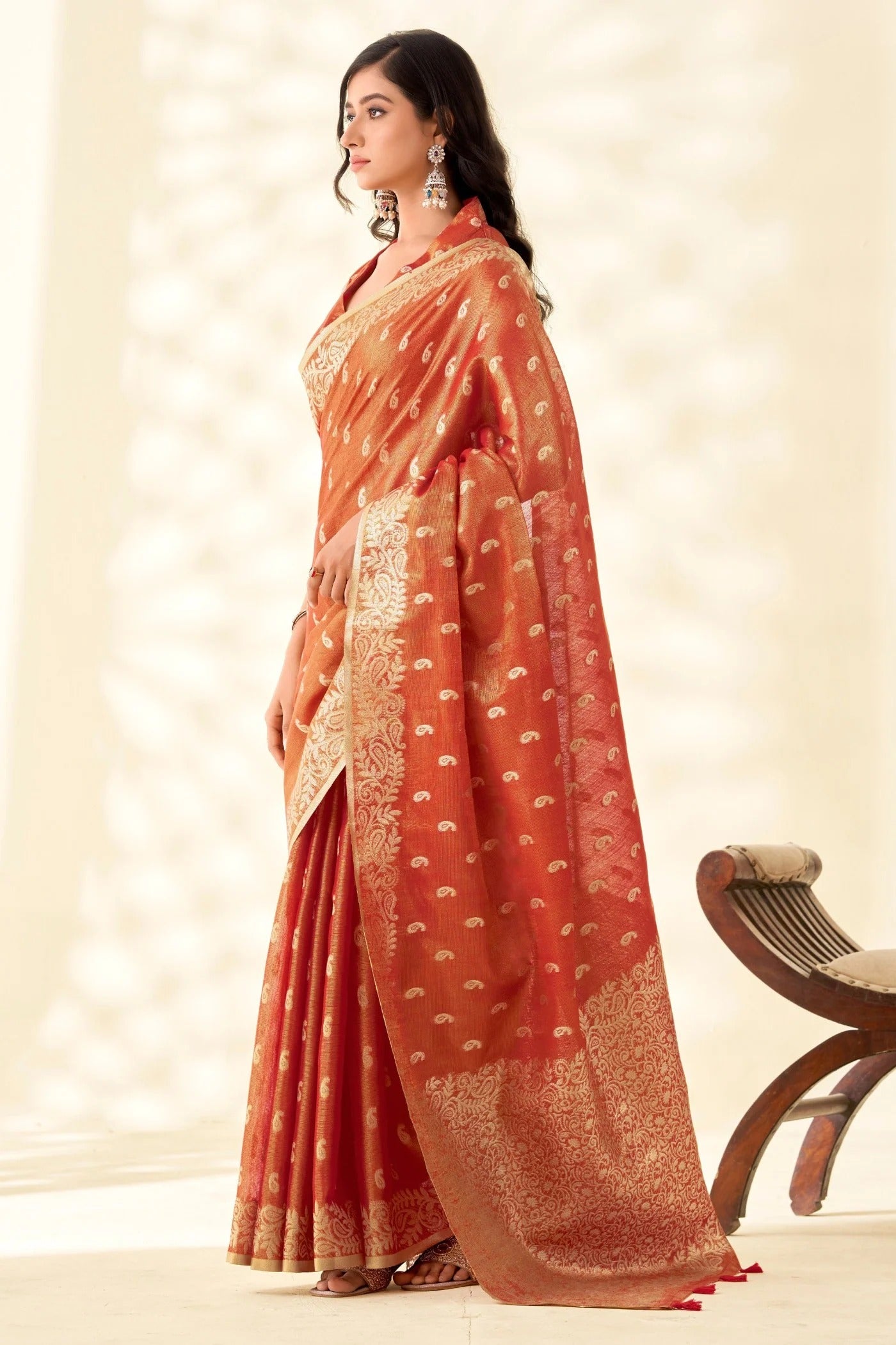 Coral Orange Woven Tissue Linen Saree With Blouse