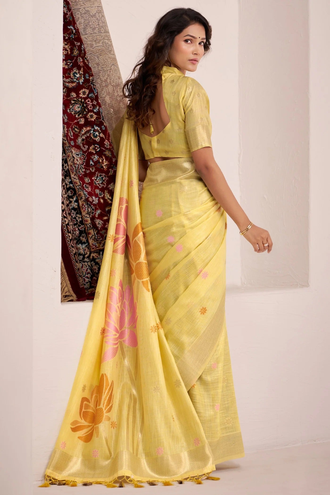 Bronze Yellow Woven Linen Soft Silk Saree