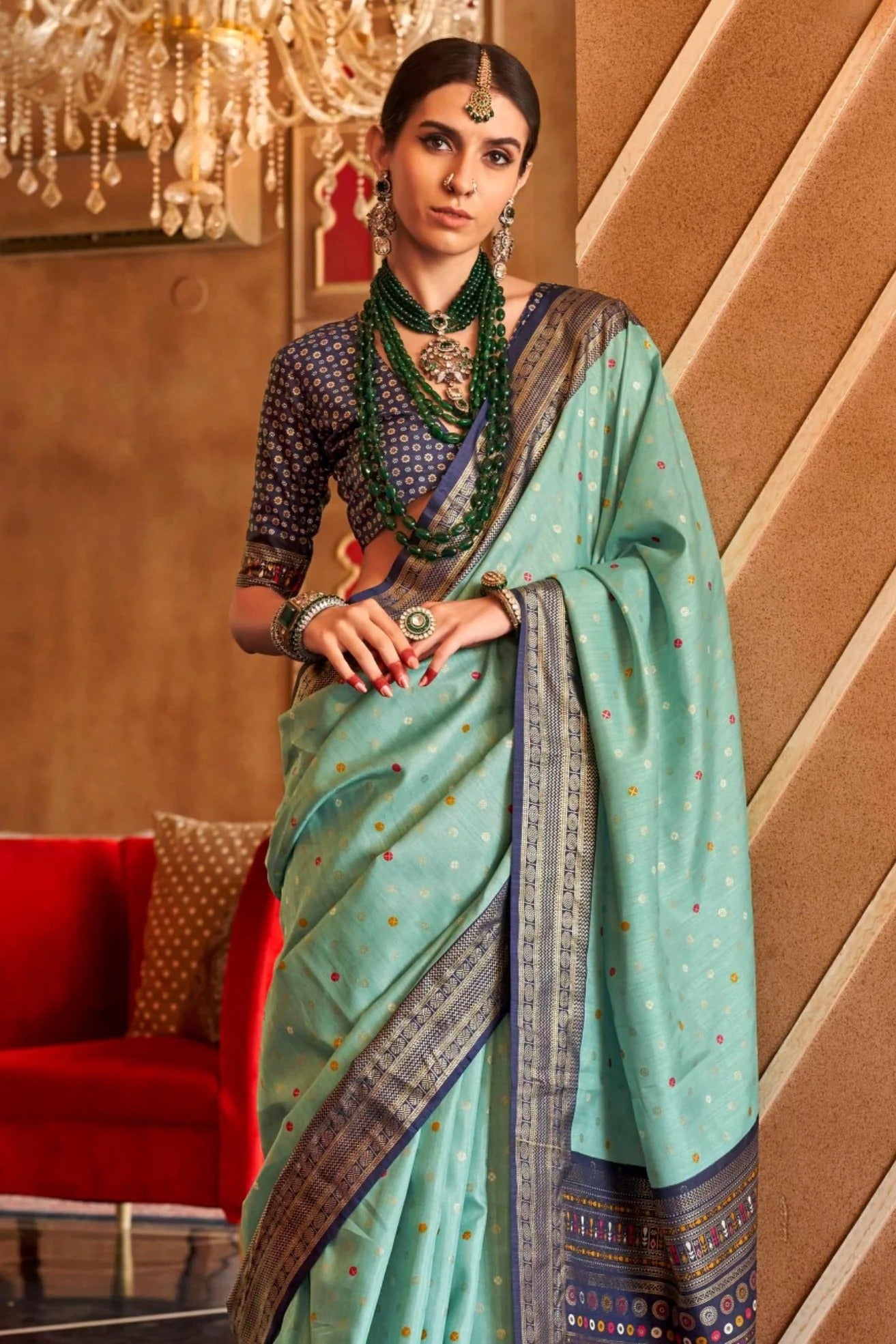 Teal Blue Printed Soft Patola Silk Saree