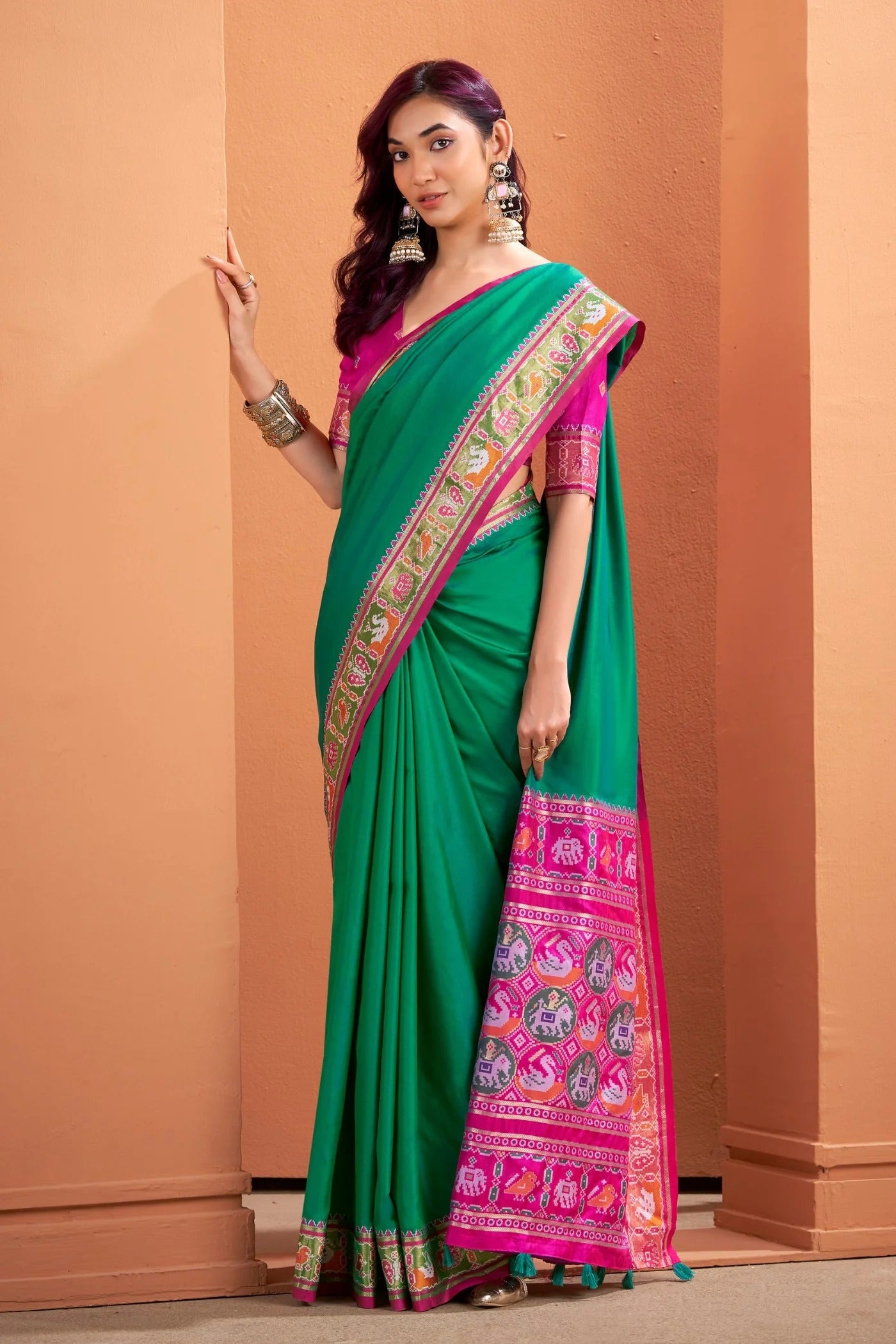 Forrest Green Woven Banarasi Patola Soft Silk Saree