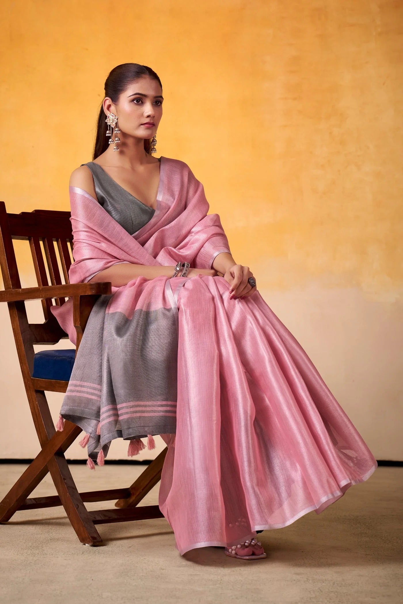 Coral Pink Woven Tissue Soft Silk Saree With Blouse