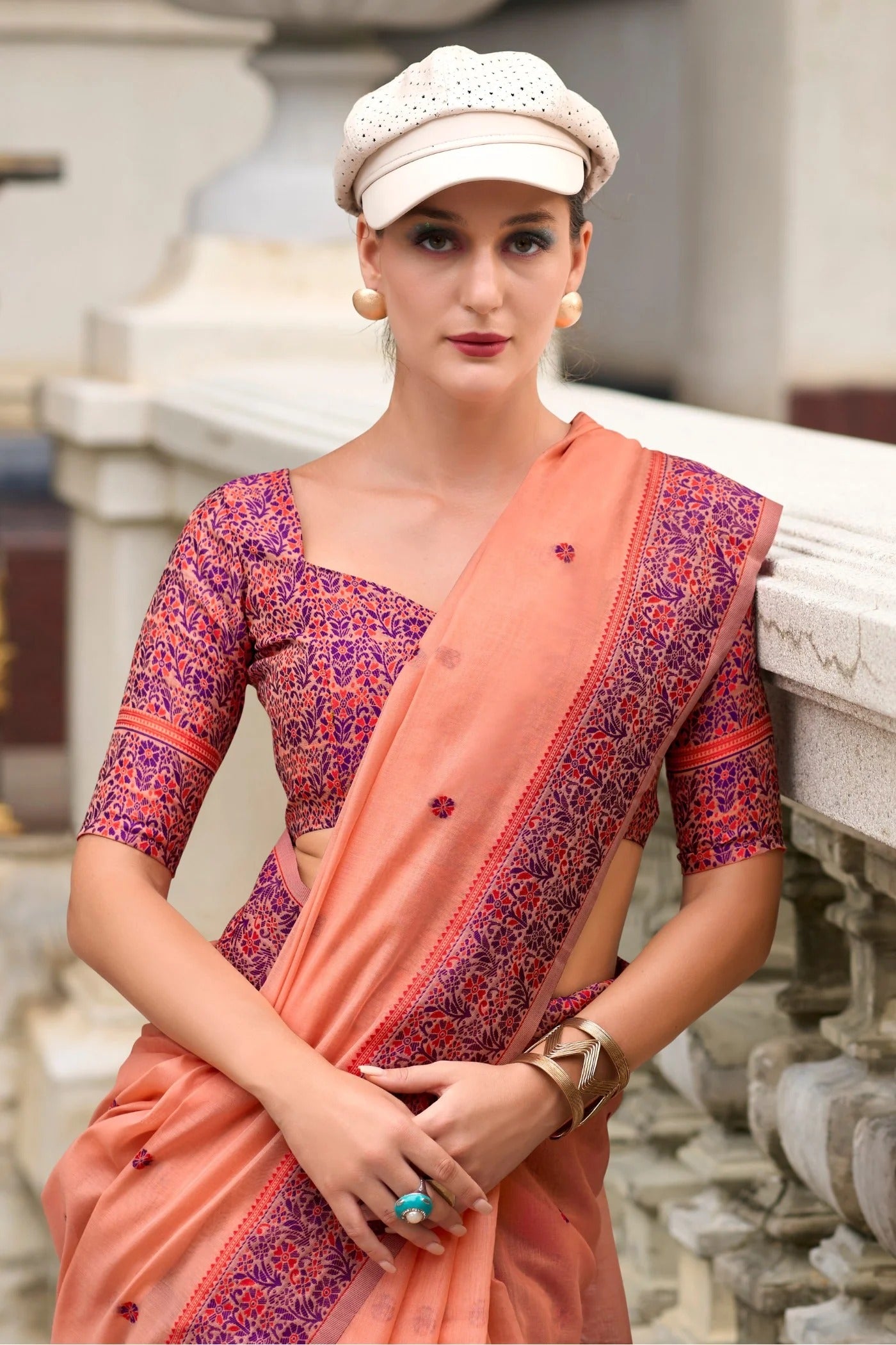 Rustic Orange Handloom Linen Cotton Saree Designer Blouse