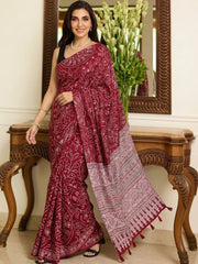 Maroon Bandhani Ajrakh Real Mirror Modal Silk Saree With Blouse