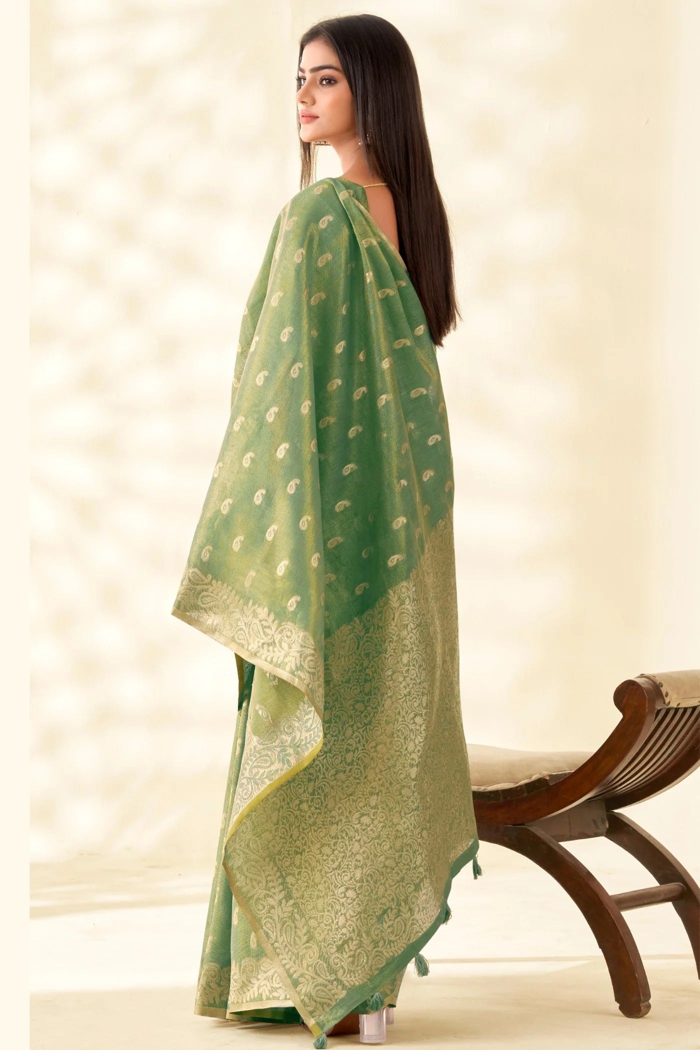 Fern Green Woven Tissue Linen Saree With Blouse