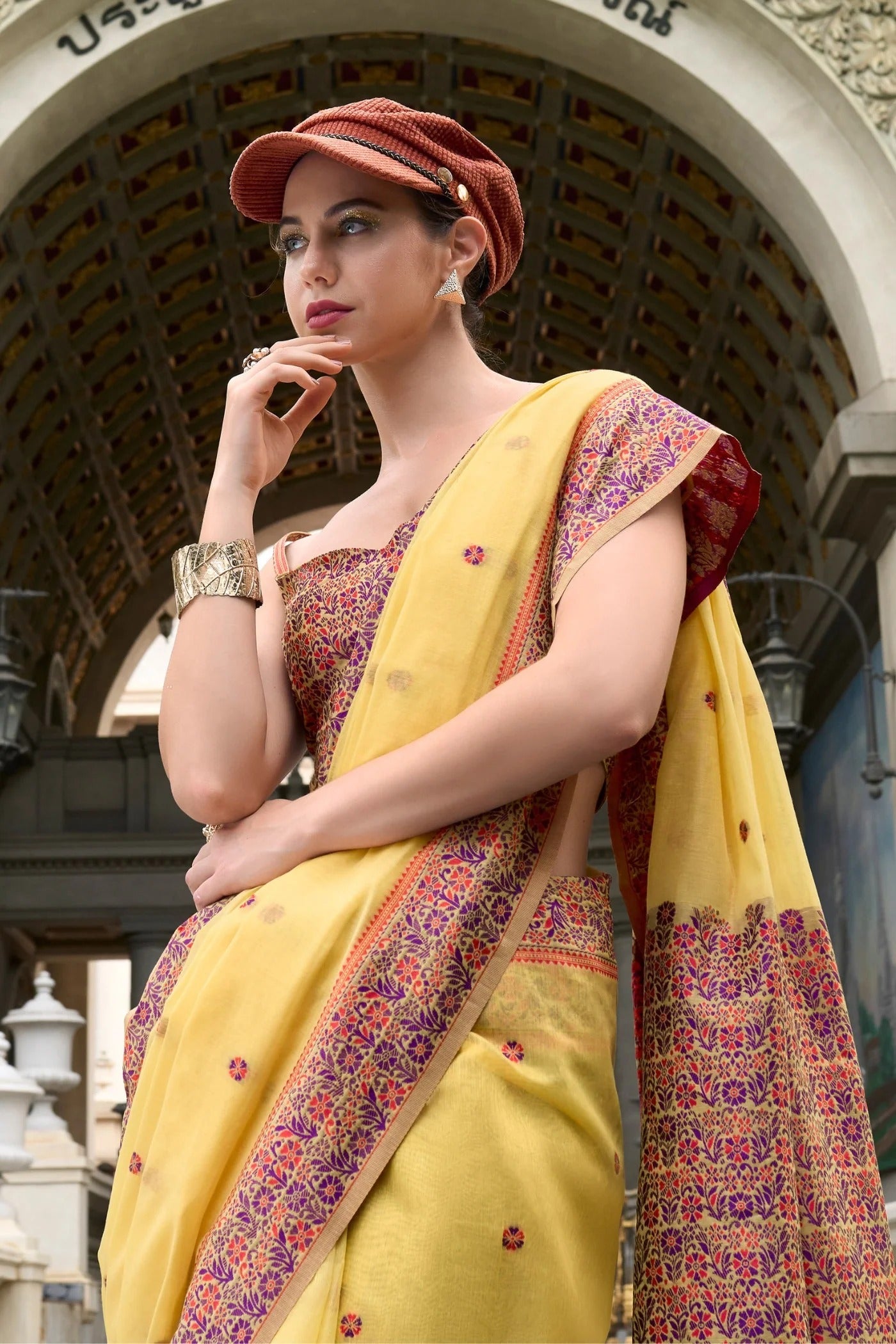 Lemon Yellow Handloom Linen Cotton Saree Designer Blouse