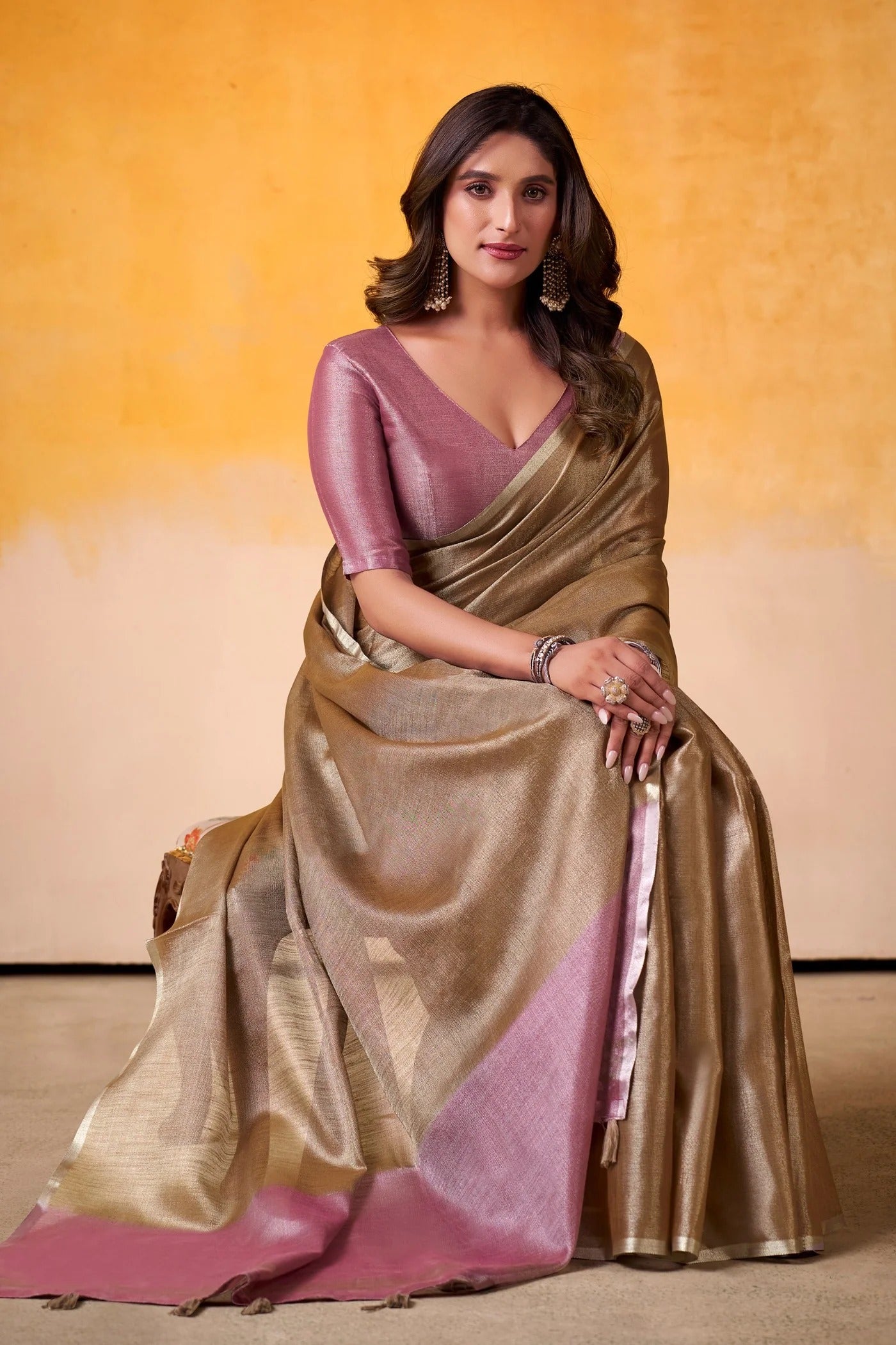 Fawn Brown Woven Tissue Soft Silk Saree With Blouse
