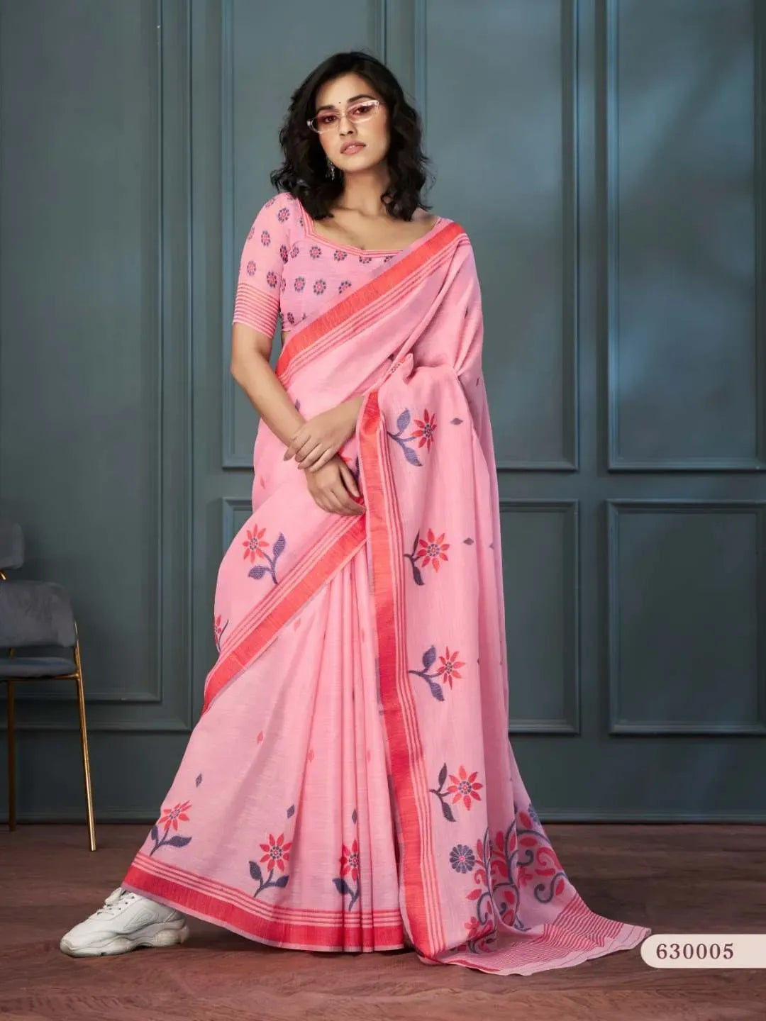 Wewak Pink Handloom Linen Saree With Fancy Blouse