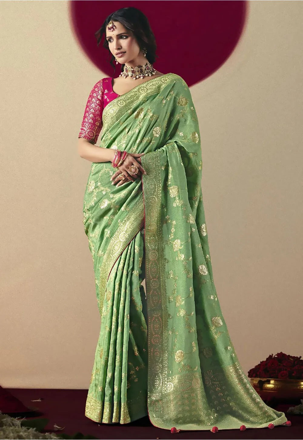 Moss Green Viscous Dola Silk Zari Weaving With Tassels