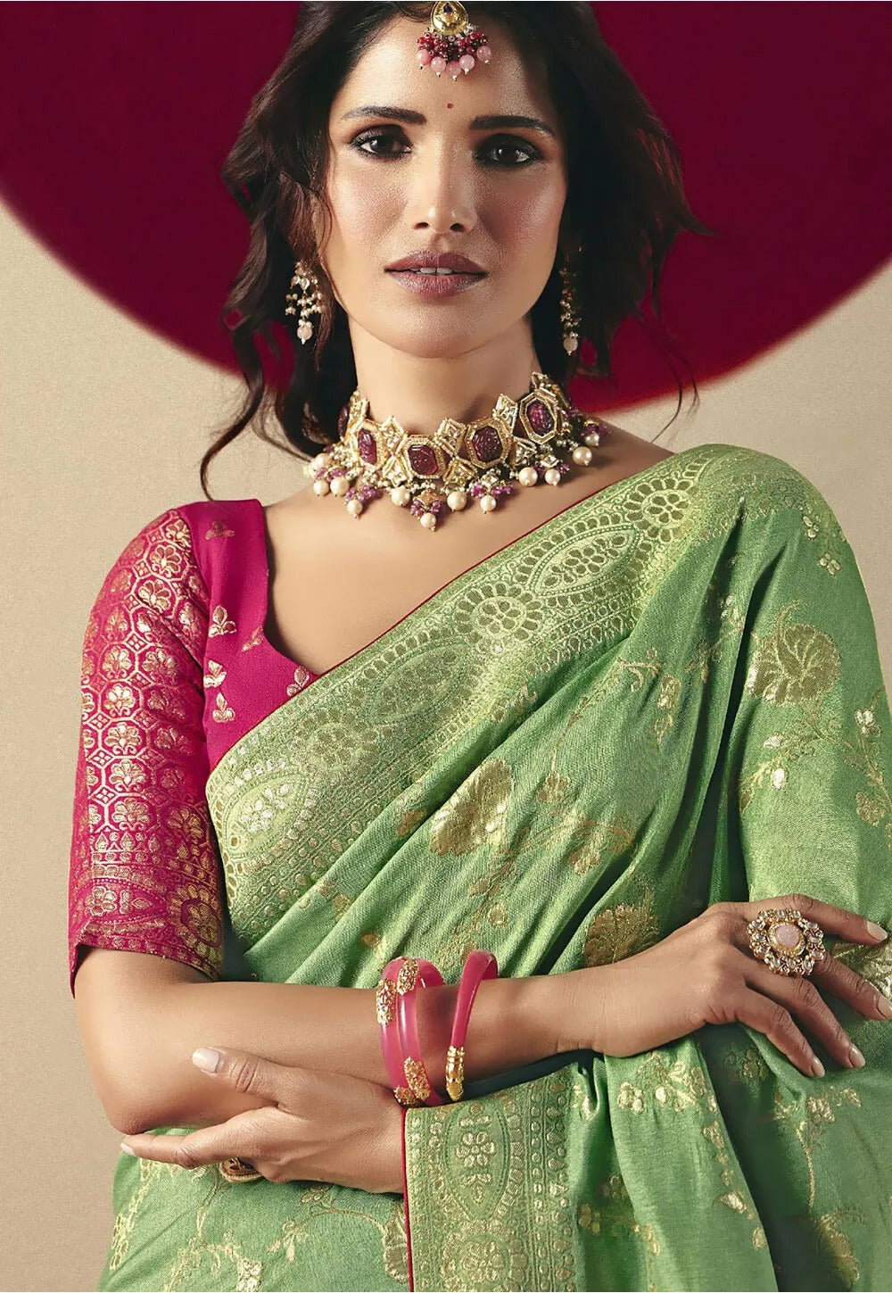 Moss Green Viscous Dola Silk Zari Weaving With Tassels