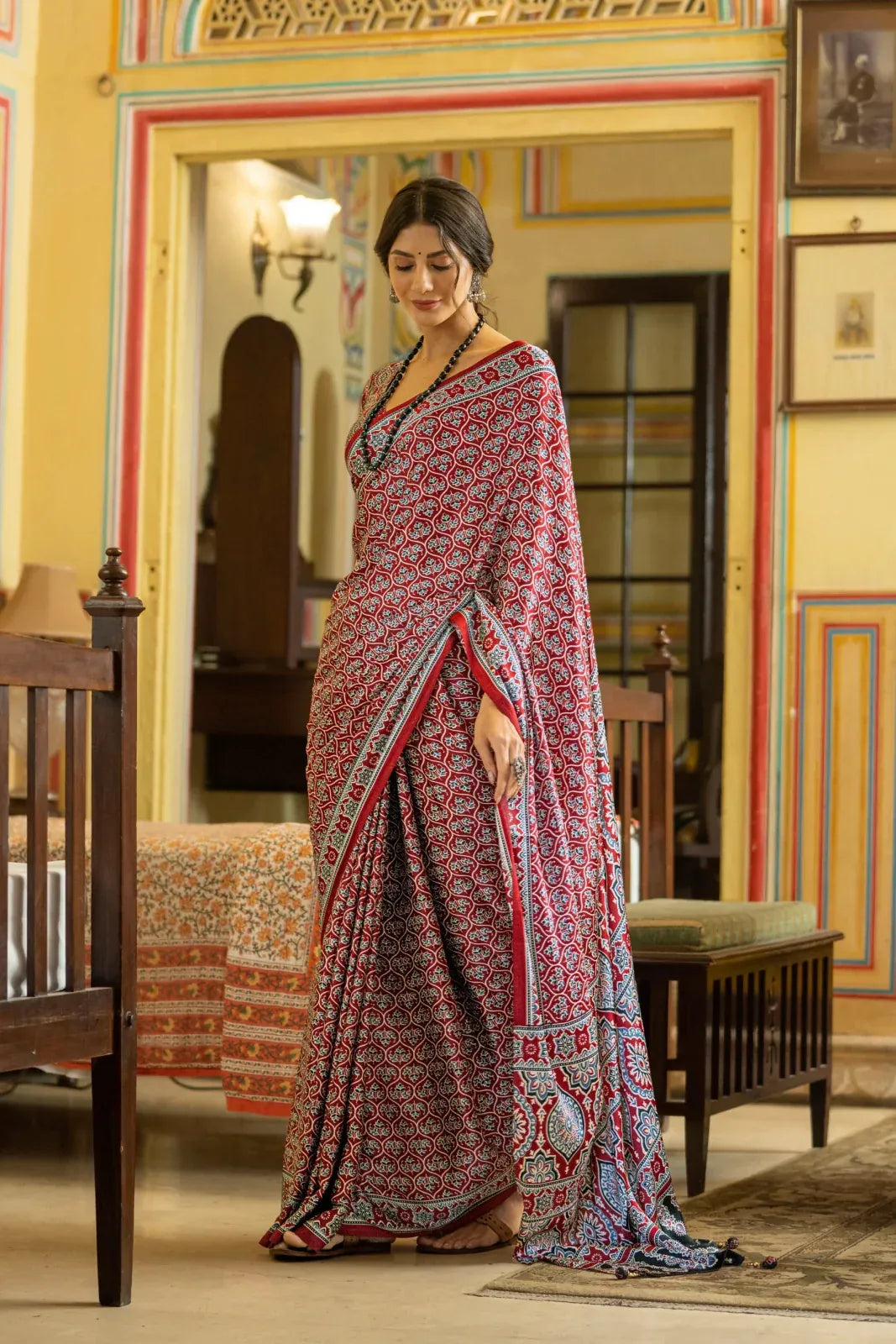 Maroon New Ajrakh Printed Satin Crepe Saree