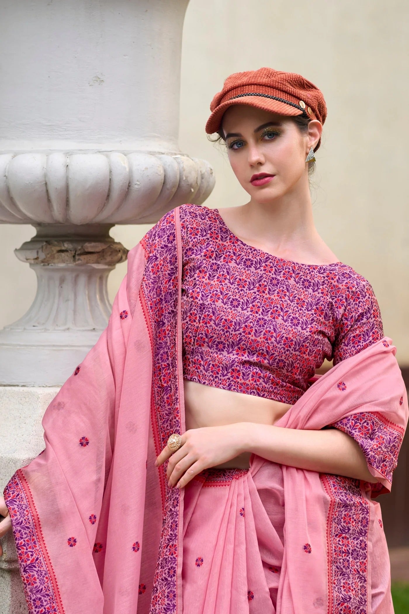 Hot Pink Handloom Linen Cotton Saree Designer Blouse