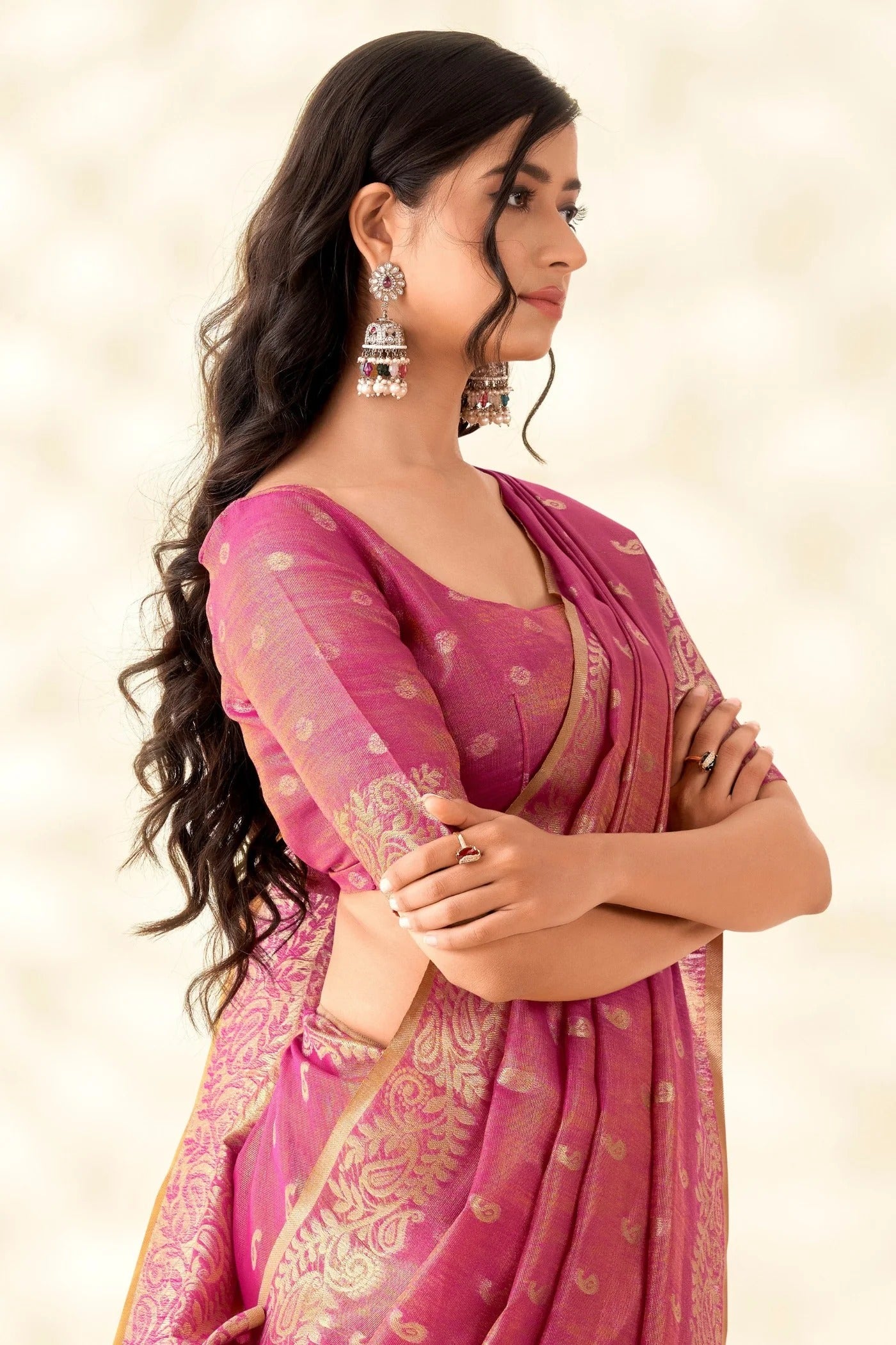 Rose Pink Woven Tissue Linen Saree With Blouse