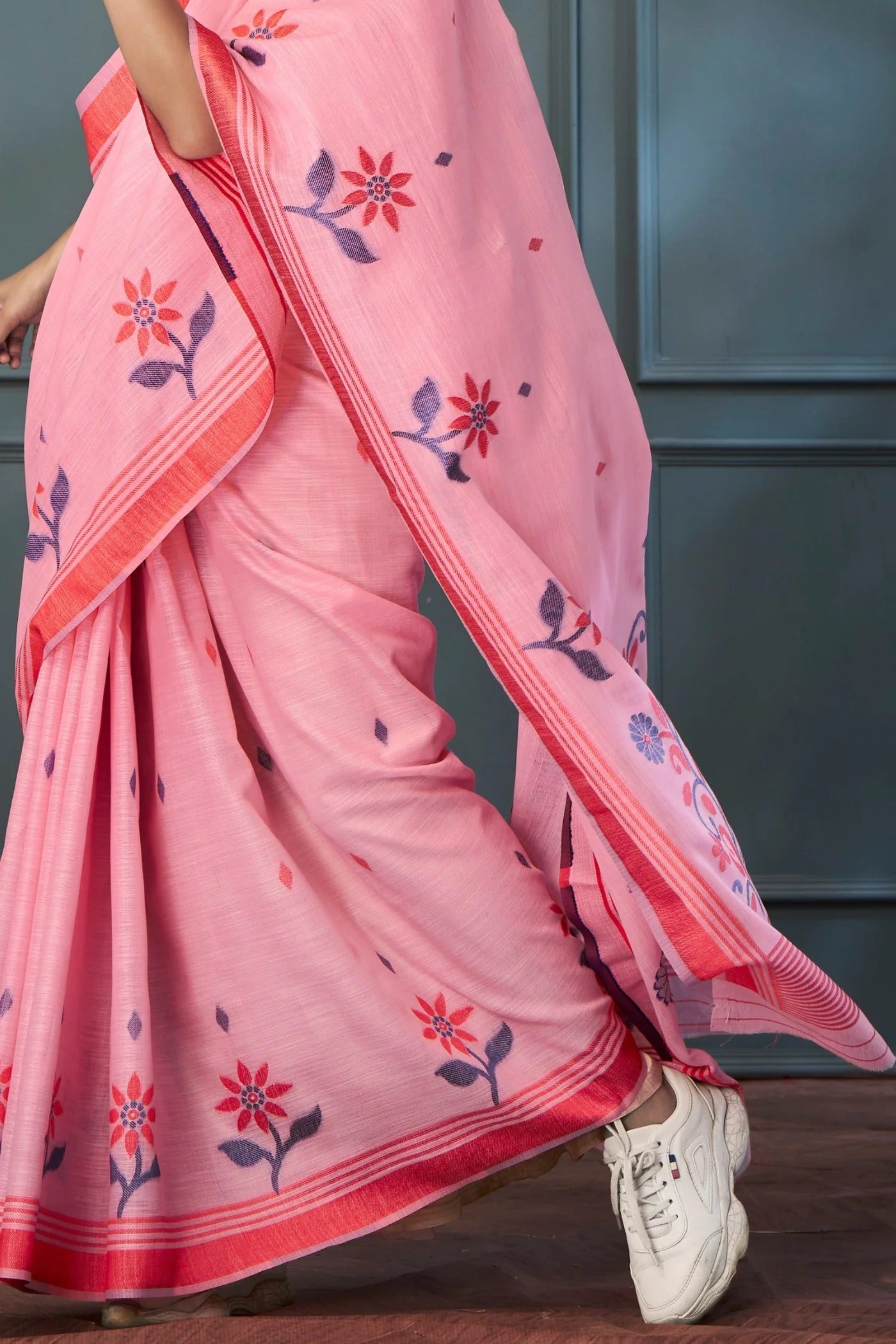 Wewak Pink Handloom Linen Saree With Fancy Blouse