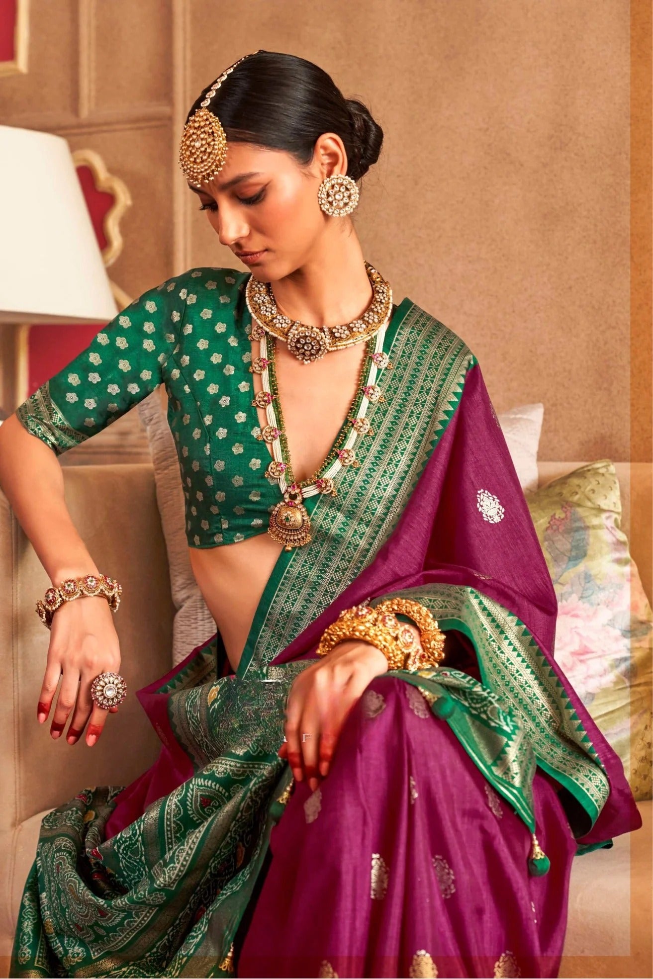 Heather Wine Printed Soft Patola Silk Saree