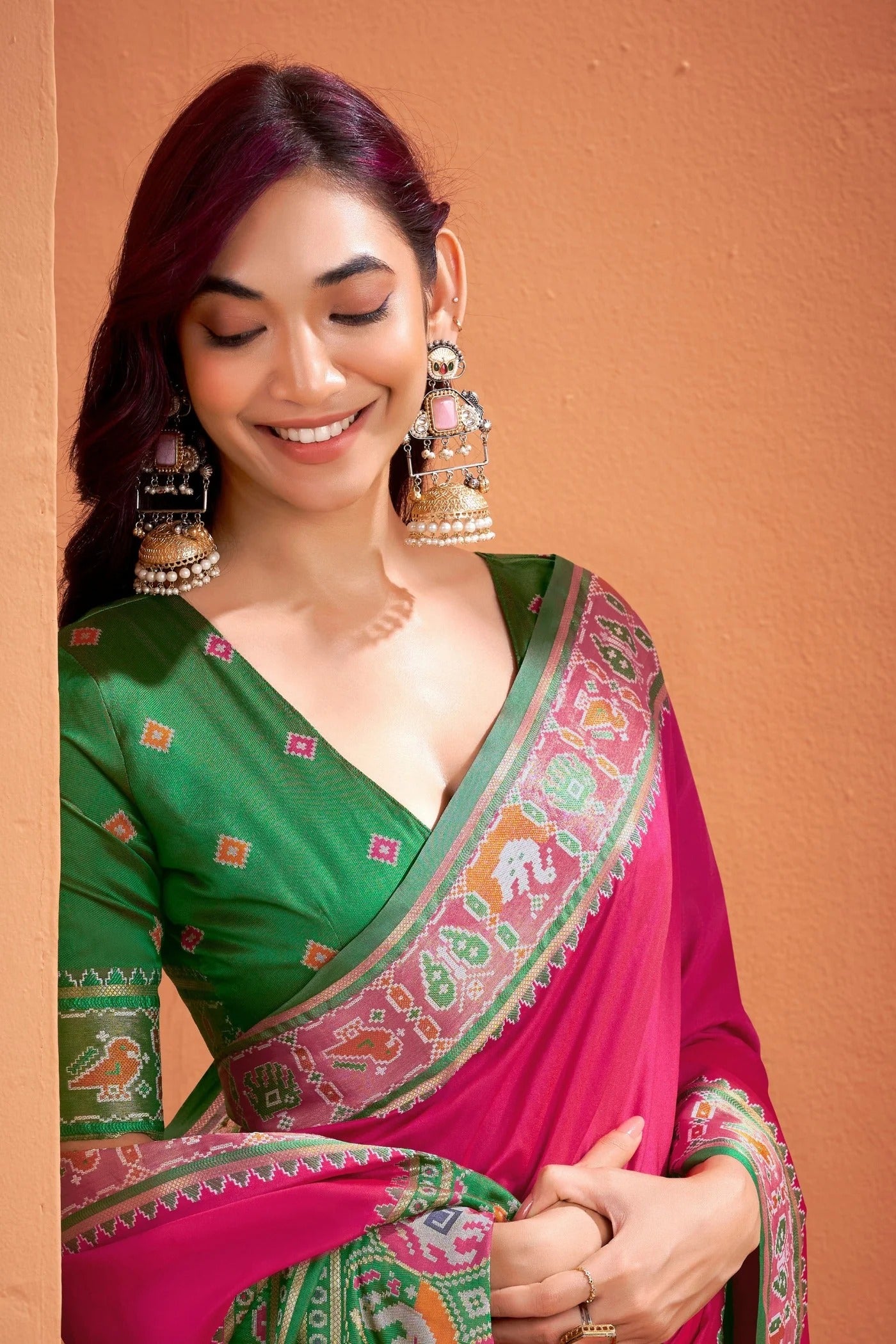 Rani Pink Woven Banarasi Patola Soft Silk Saree