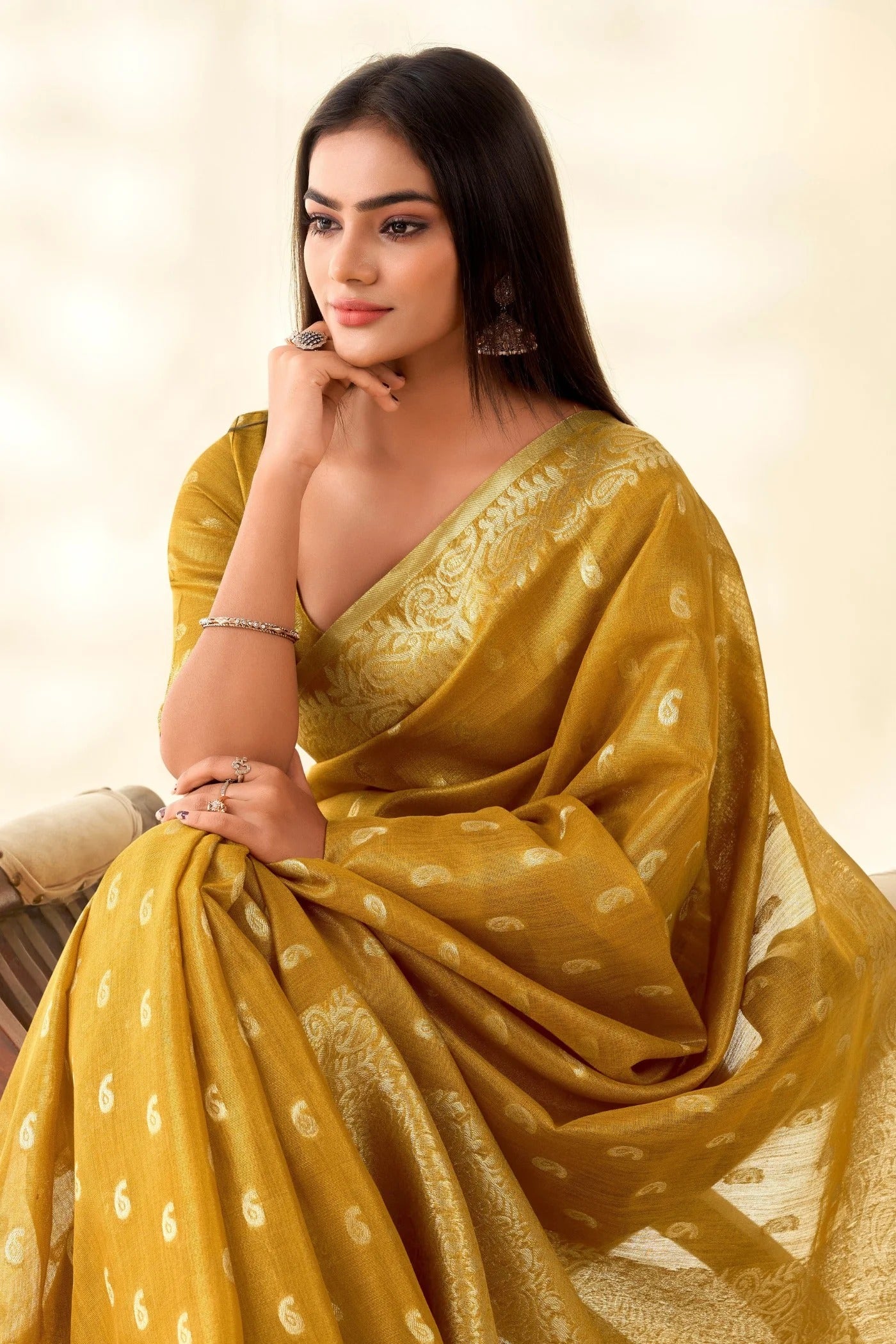 Mustard Yellow Woven Tissue Linen Saree With Blouse