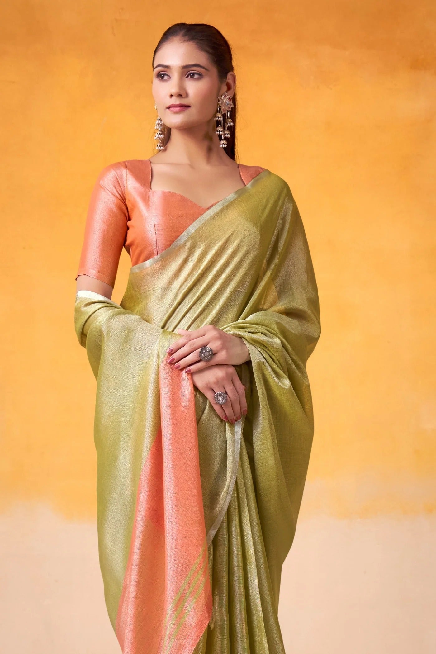 Tea Green Woven Tissue Soft Silk Saree With Blouse