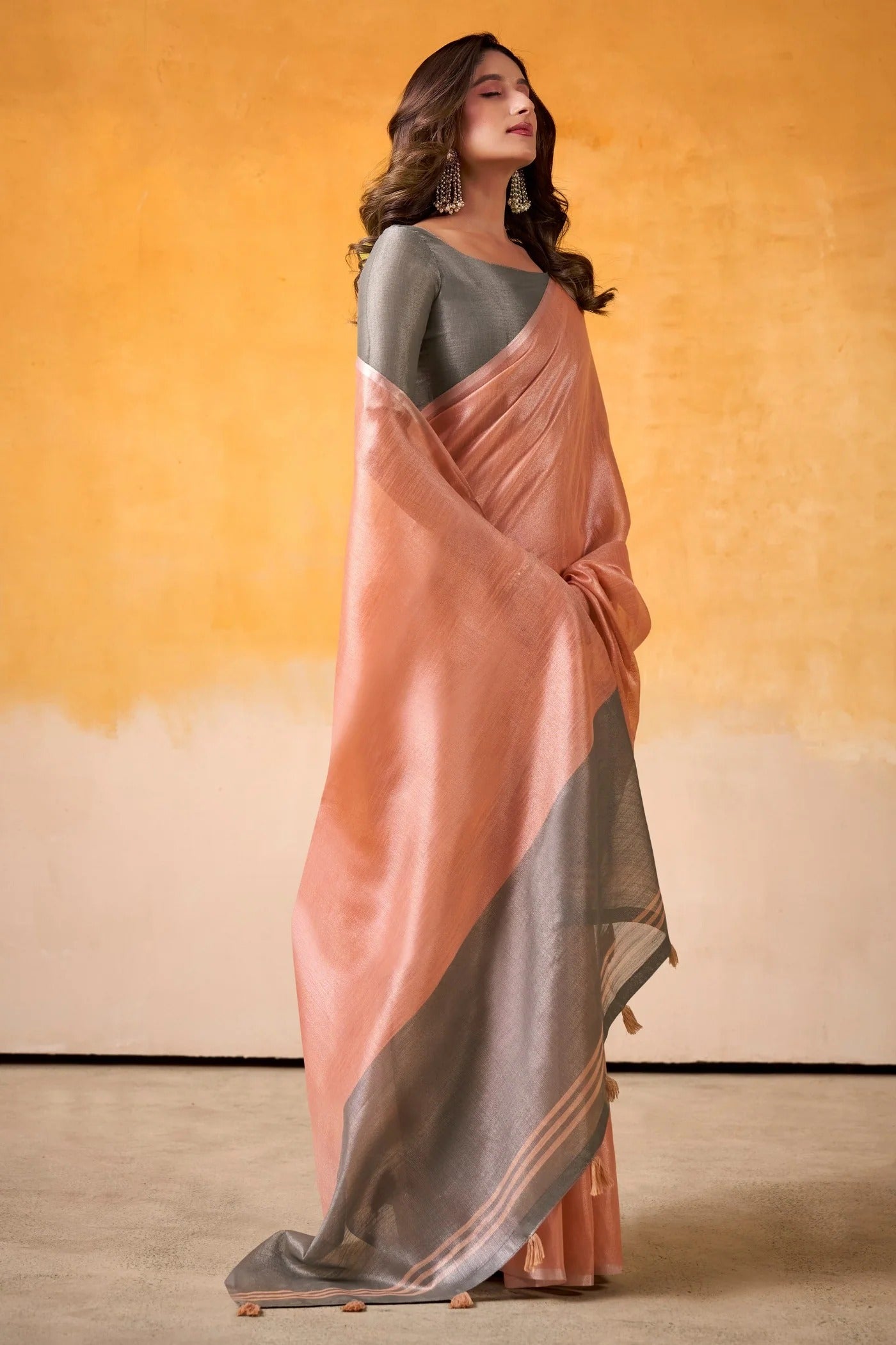 Rustic Peach -Woven Tissue Soft Silk Saree With Blouse