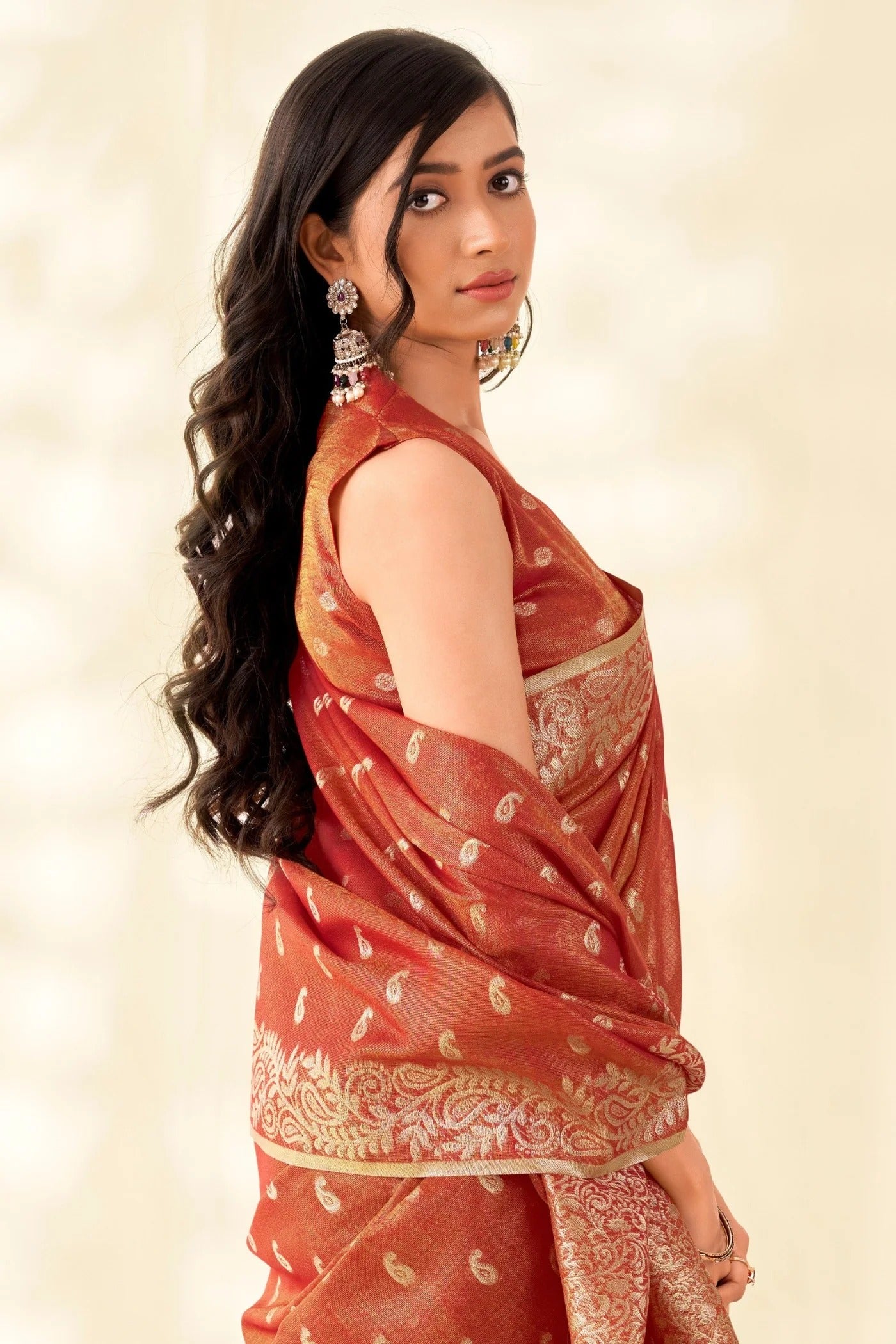 Coral Orange Woven Tissue Linen Saree With Blouse