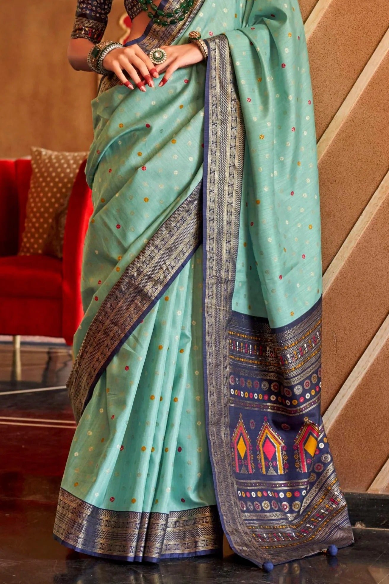 Teal Blue Printed Soft Patola Silk Saree