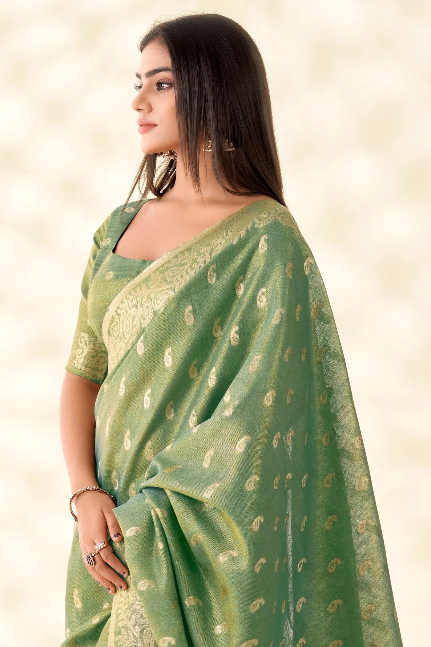 Fern Green Woven Tissue Linen Saree With Blouse