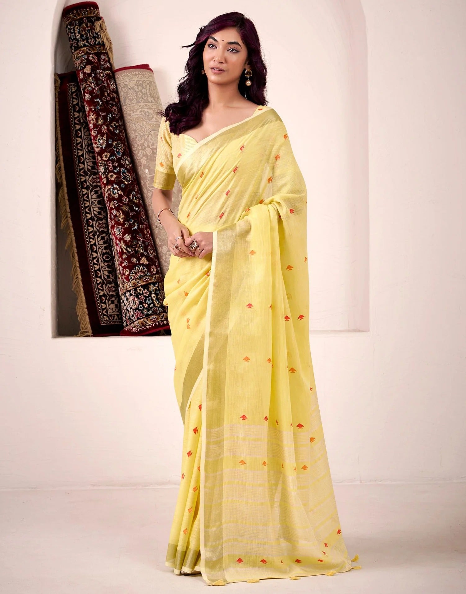Lemon Yellow Handloom Woven Linen Soft Silk Saree