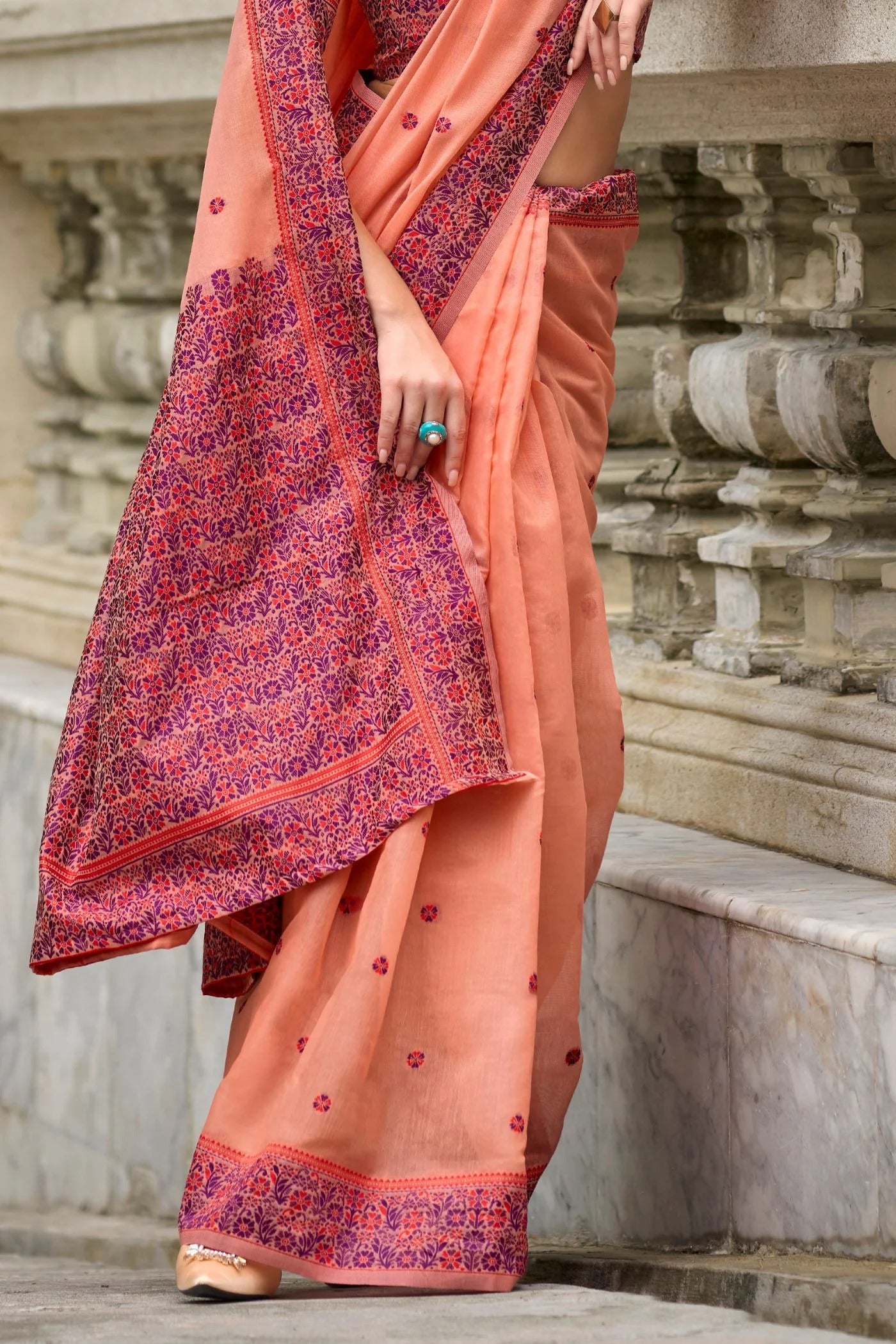 Rustic Orange Handloom Linen Cotton Saree Designer Blouse