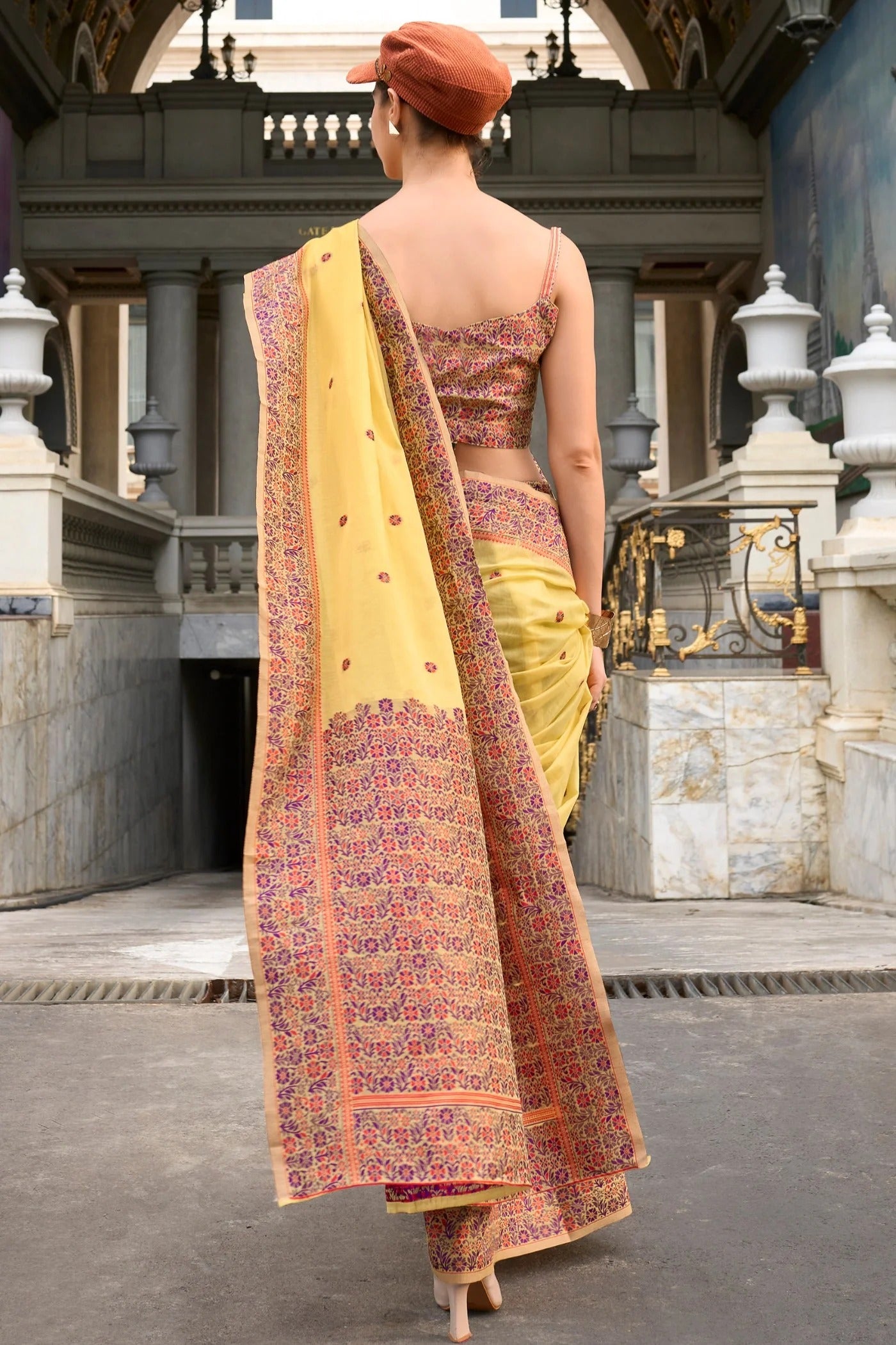 Lemon Yellow Handloom Linen Cotton Saree Designer Blouse