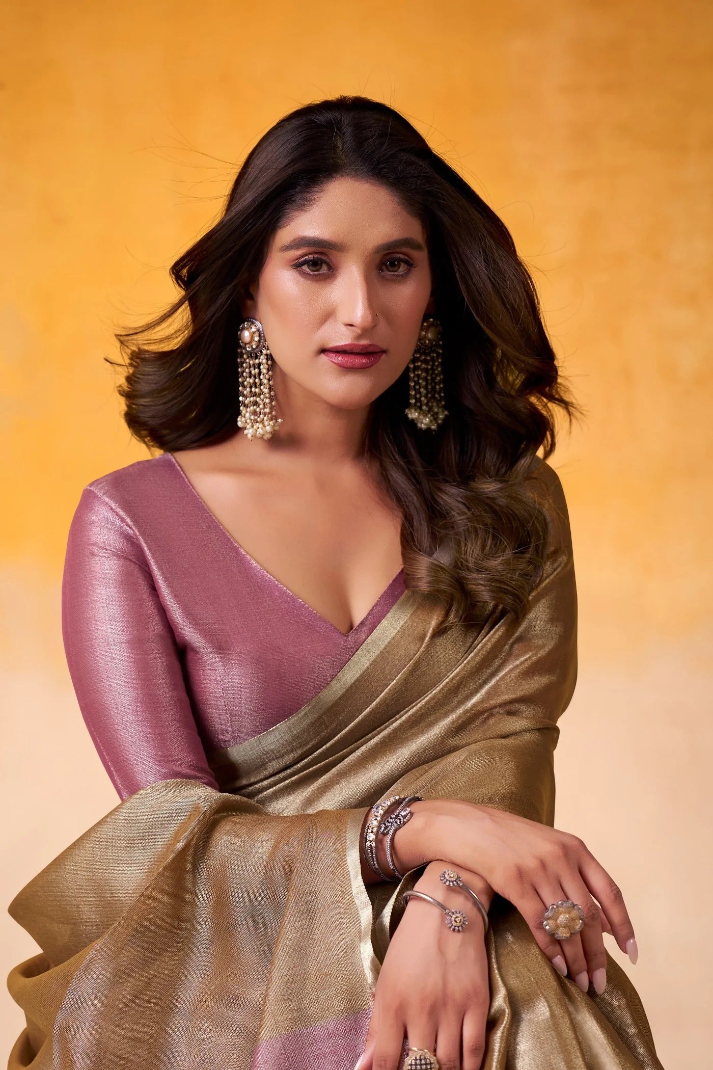 Fawn Brown Woven Tissue Soft Silk Saree With Blouse