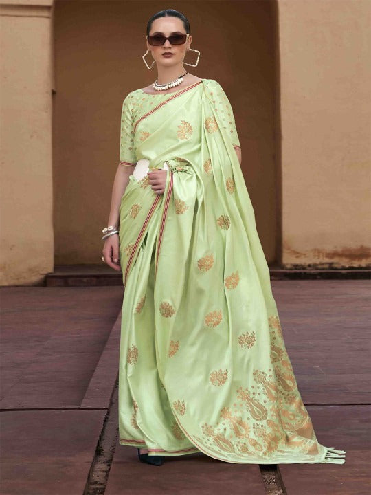 Tea Green Woven Satin Soft Silk Saree With Zari Weaving