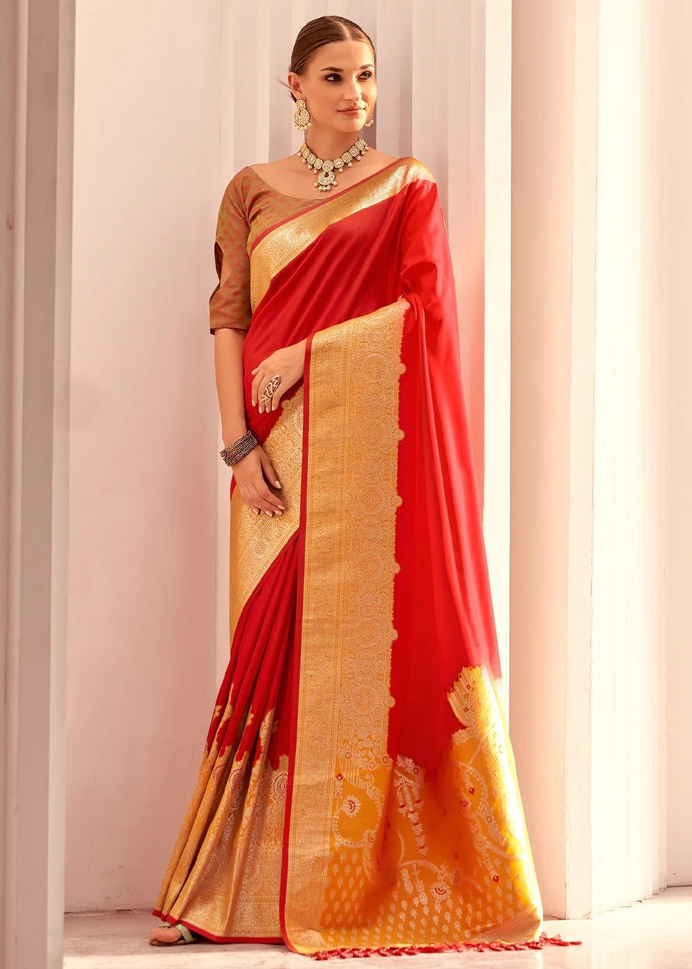 Mahogany Red Shade Silk Woven Zari Work Broad Border Saree