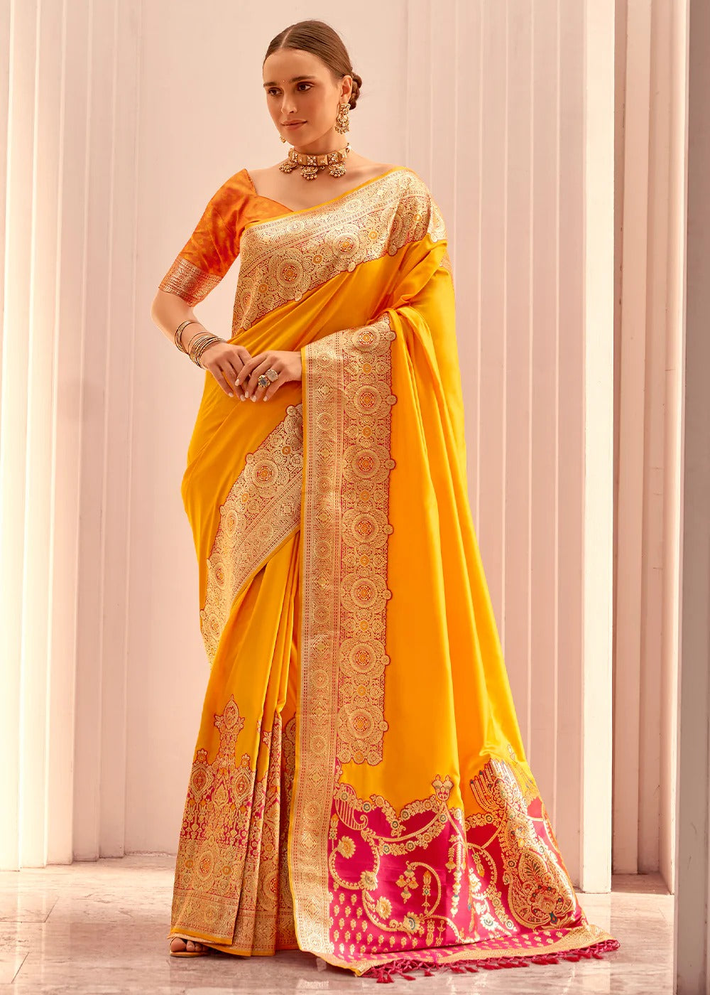 Citrine Yellow Shade Silk Woven Zari Work Broad Border Saree