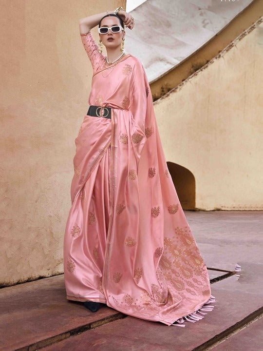 Luxe Peach Woven Satin Soft Silk Saree With Zari Weaving