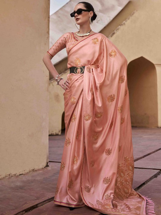 Rose fog Woven Satin Soft Silk Saree With Zari Weaving