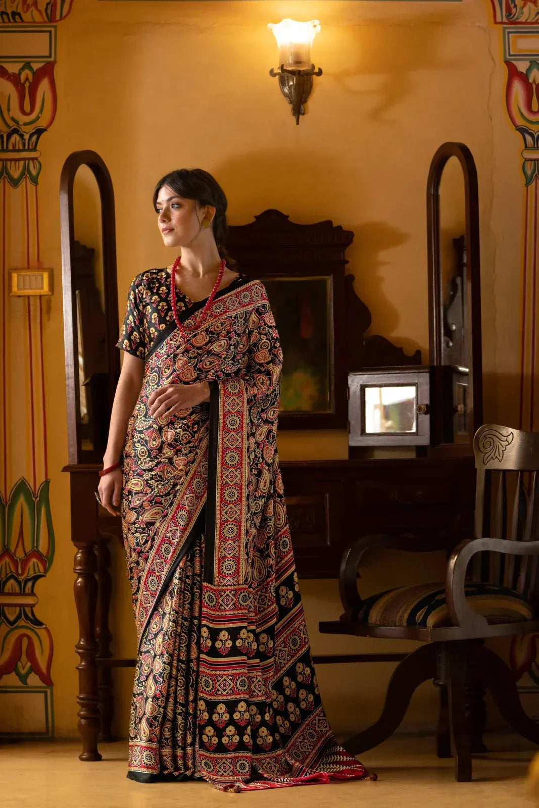 Full Black New Ajrakh Printed Satin Crepe Saree
