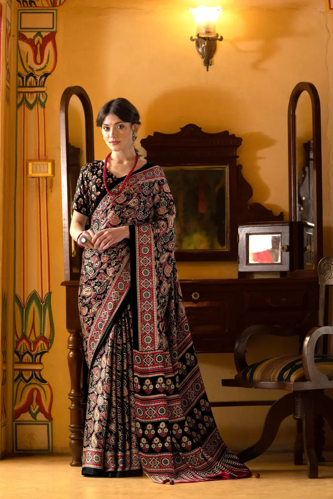Full Black New Ajrakh Printed Satin Crepe Saree