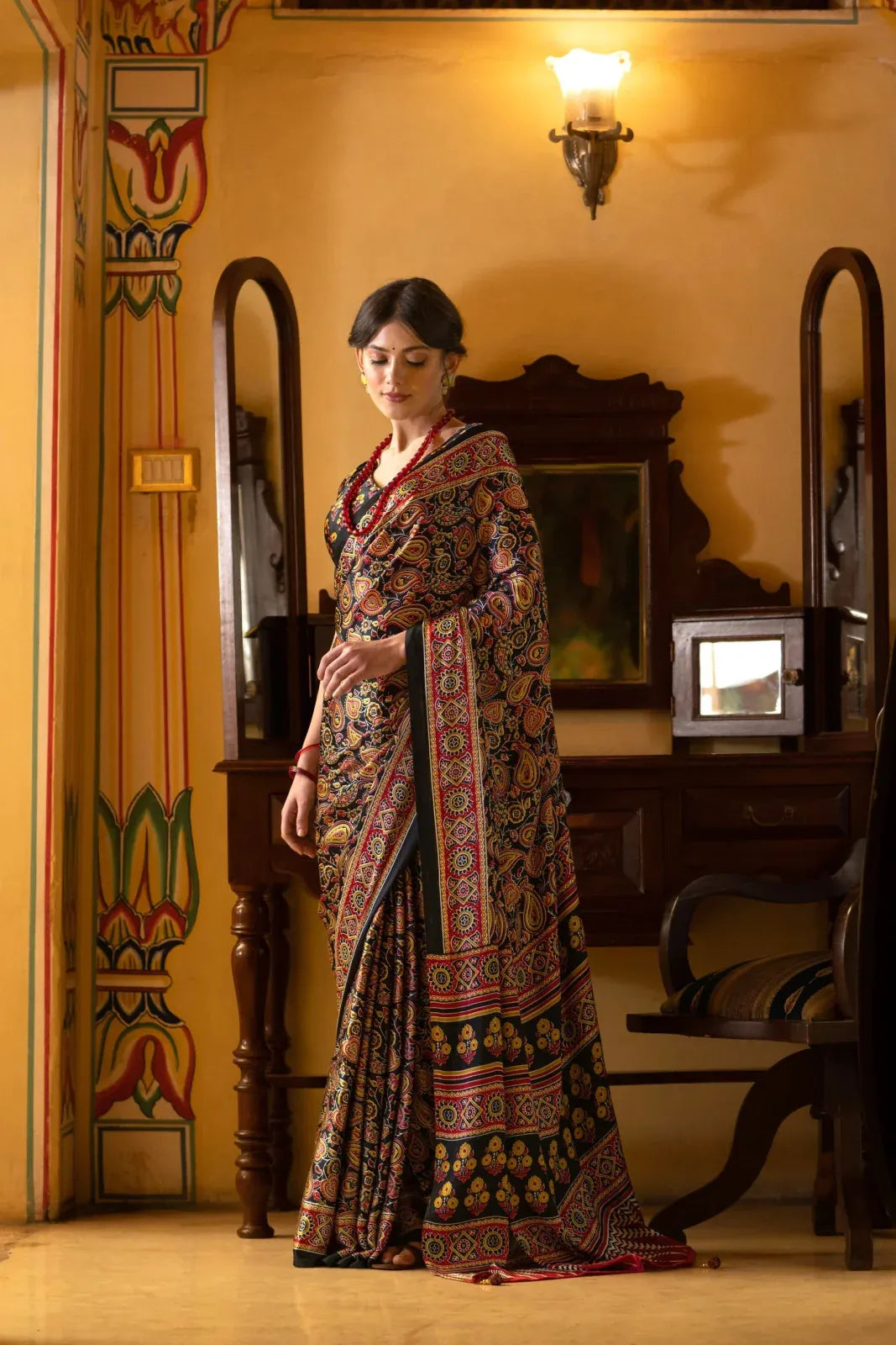 Full Black New Ajrakh Printed Satin Crepe Saree