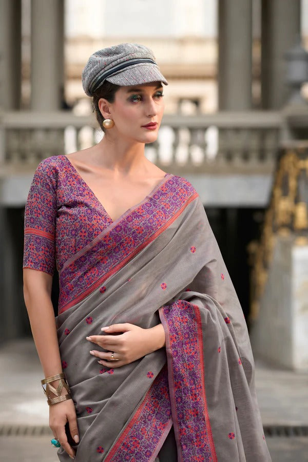 Smokey Grey Handloom Linen Cotton Saree Designer Blouse