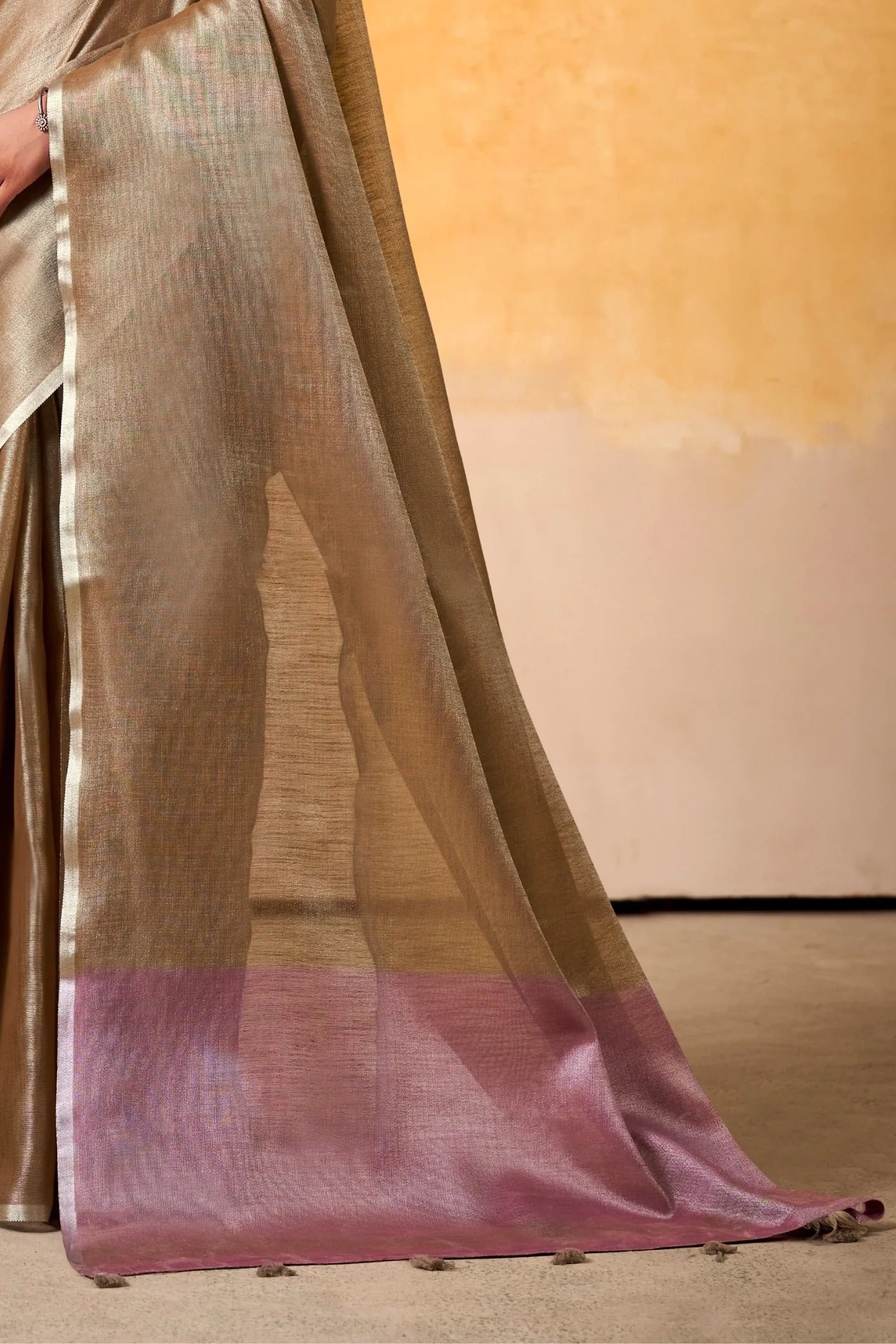 Fawn Brown Woven Tissue Soft Silk Saree With Blouse