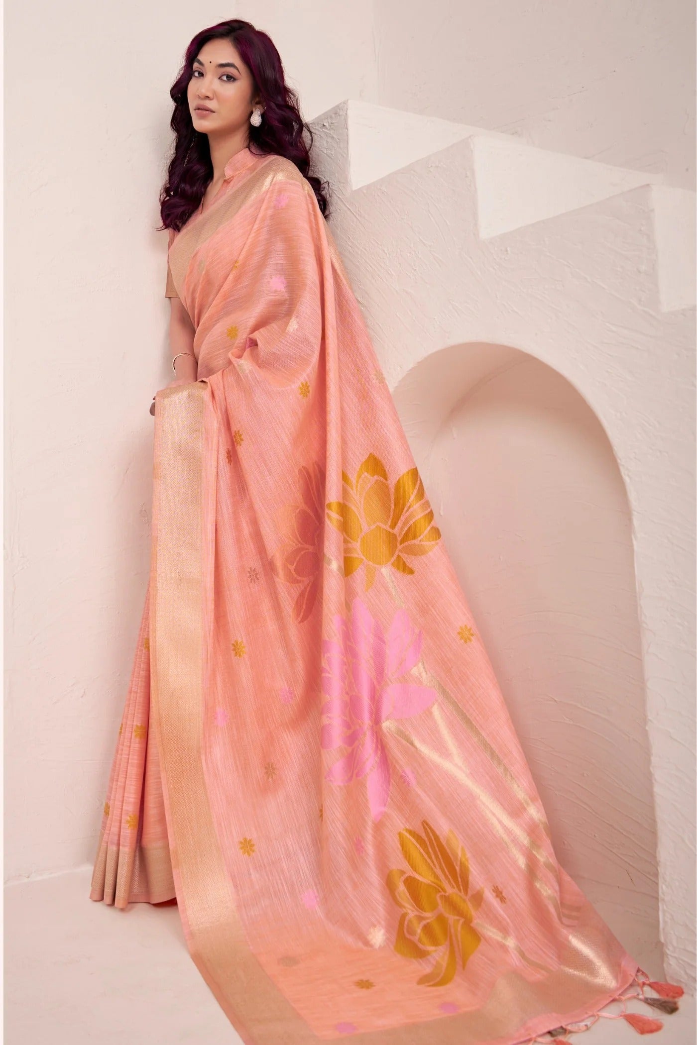 Melon Peach Woven Linen Soft Silk Saree
