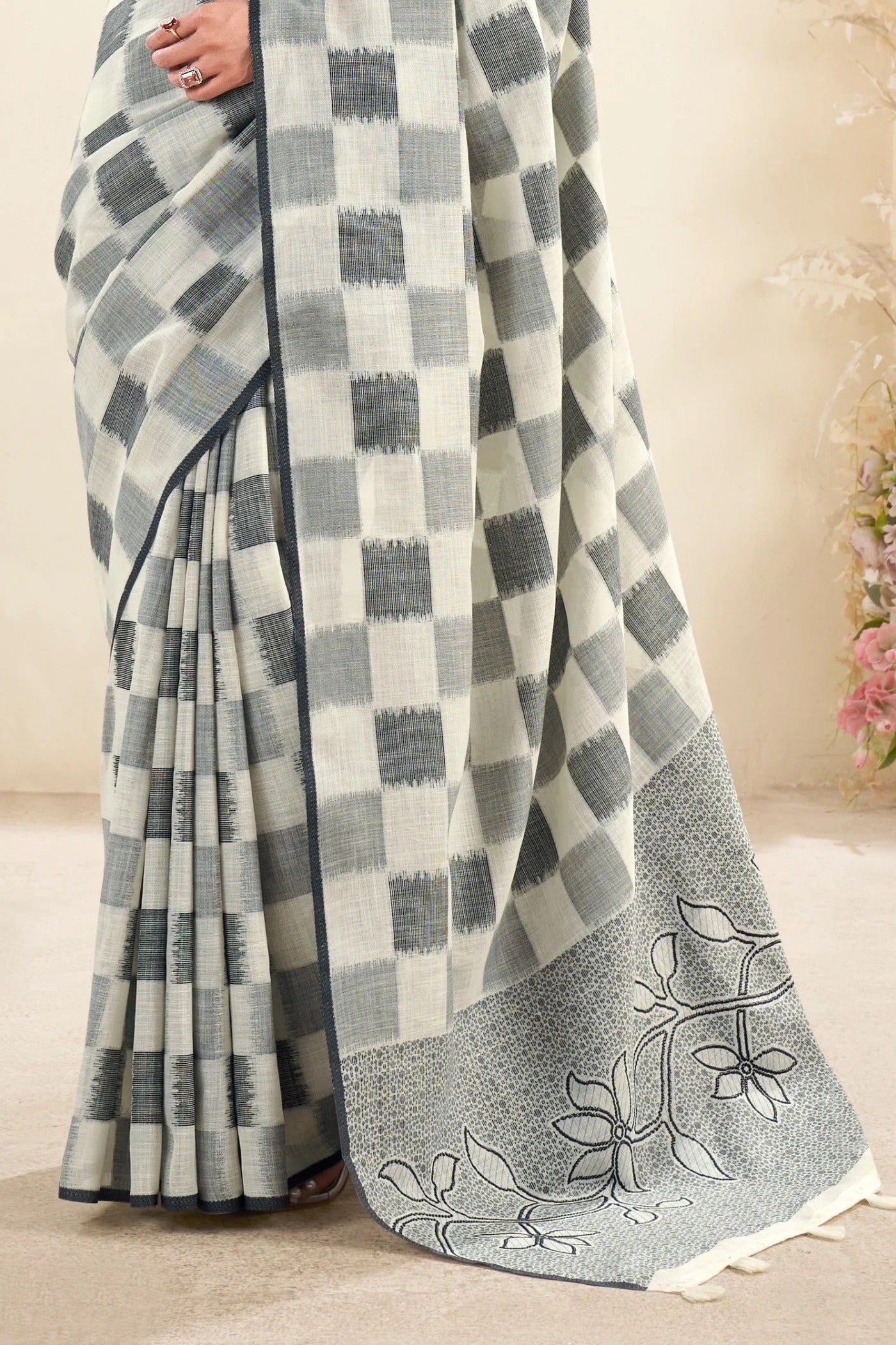 Bone White and Grey Woven Linen Soft Saree