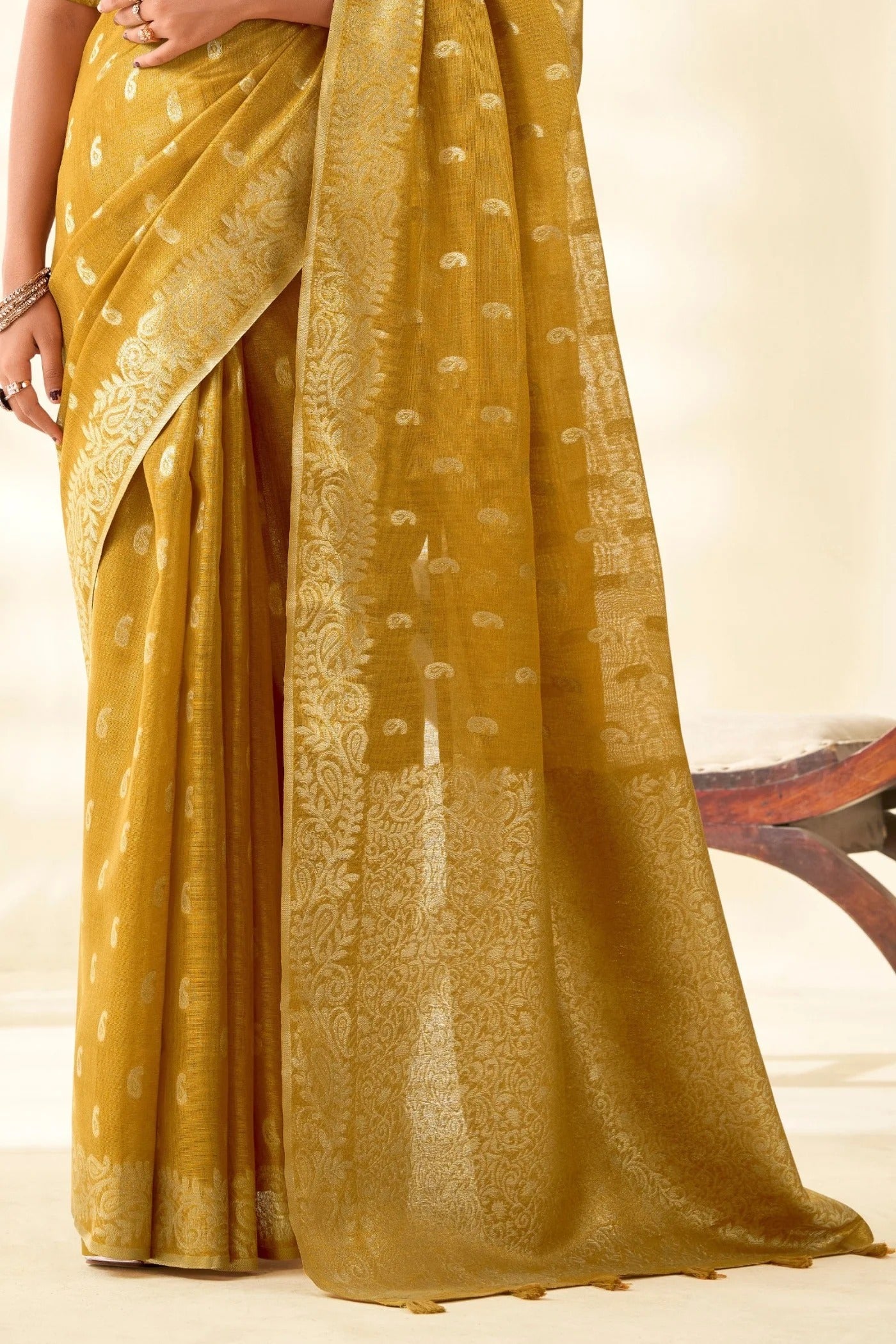 Mustard Yellow Woven Tissue Linen Saree With Blouse