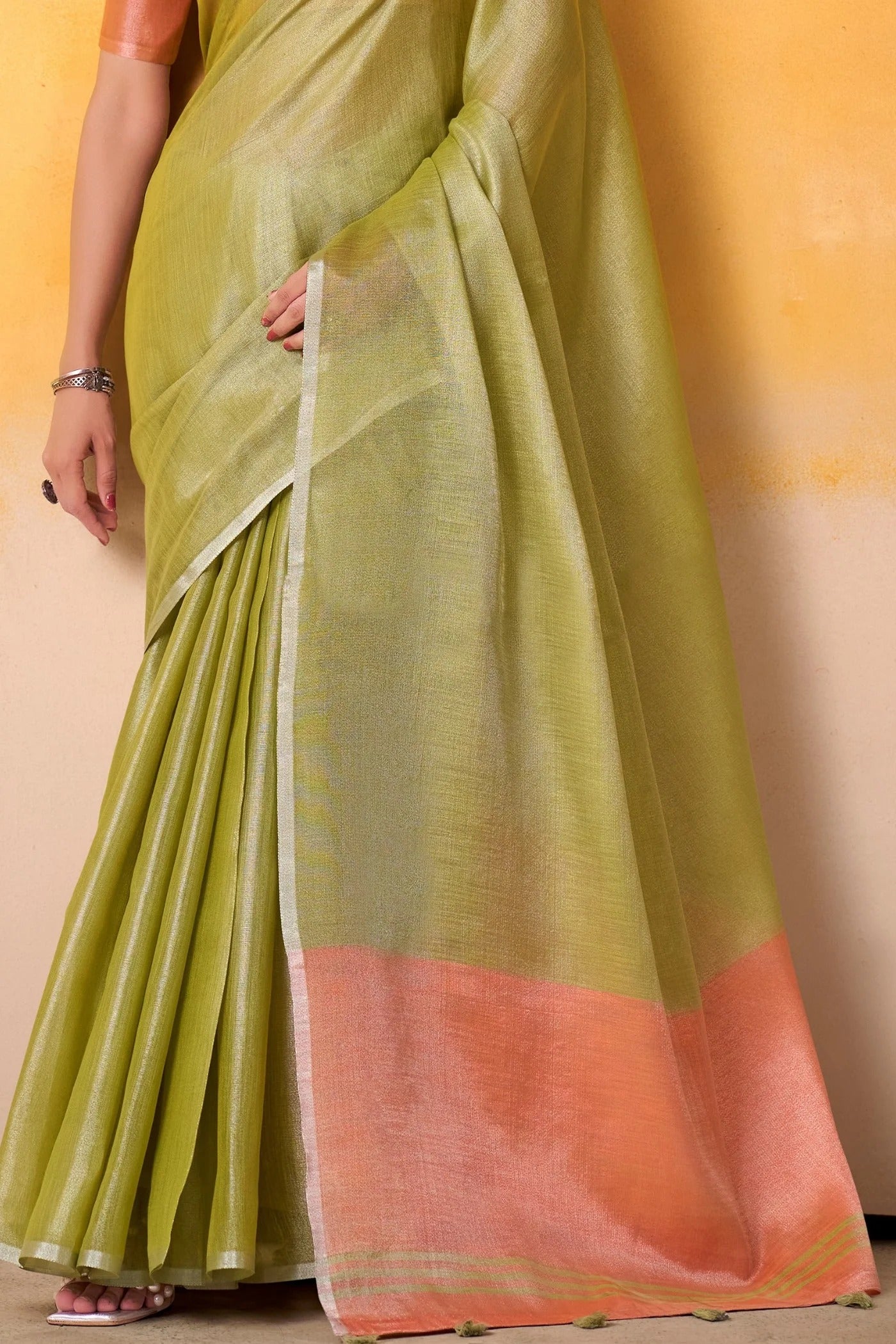 Tea Green Woven Tissue Soft Silk Saree With Blouse