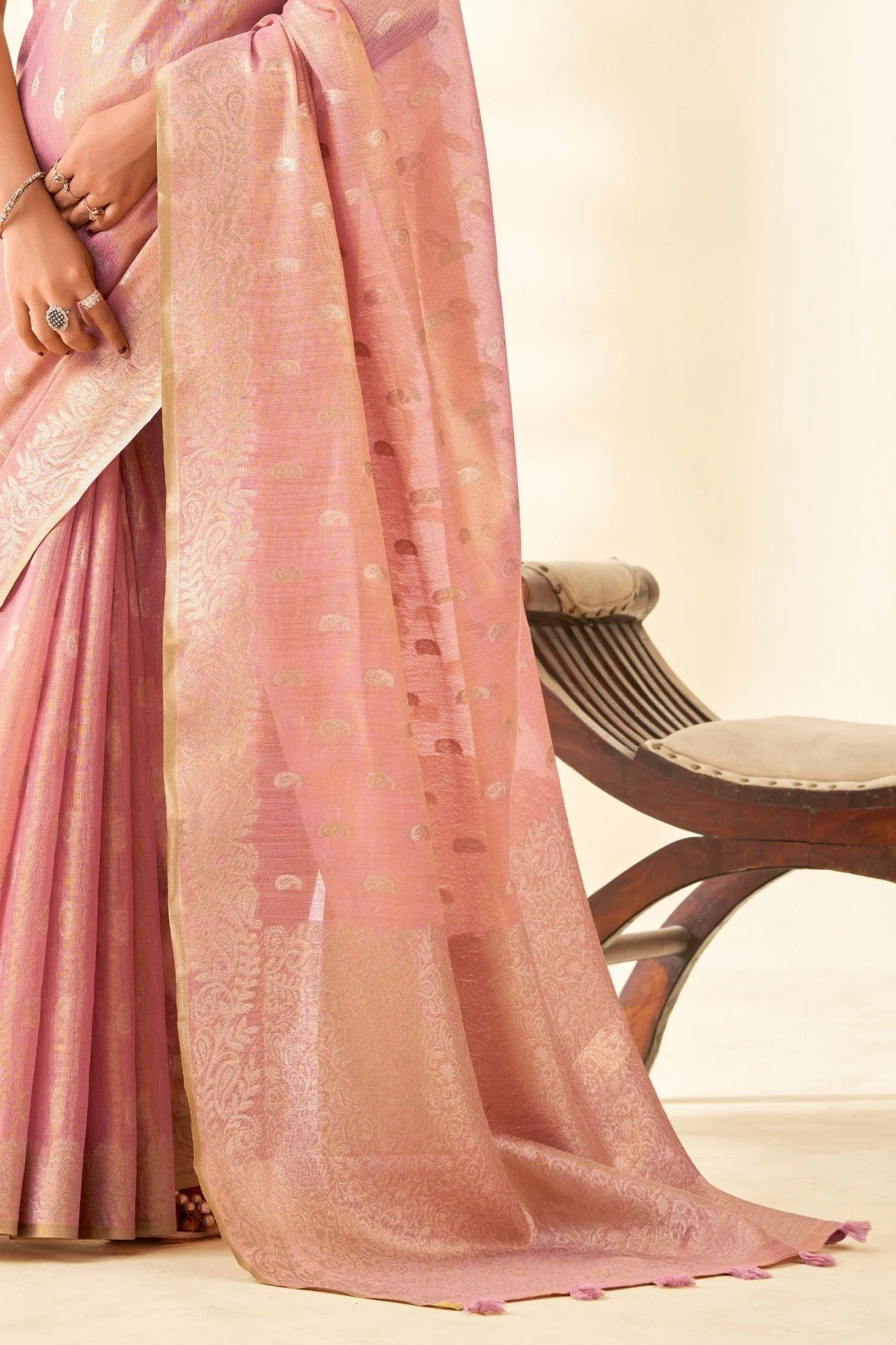 Peach Woven Tissue Linen Saree With Blouse