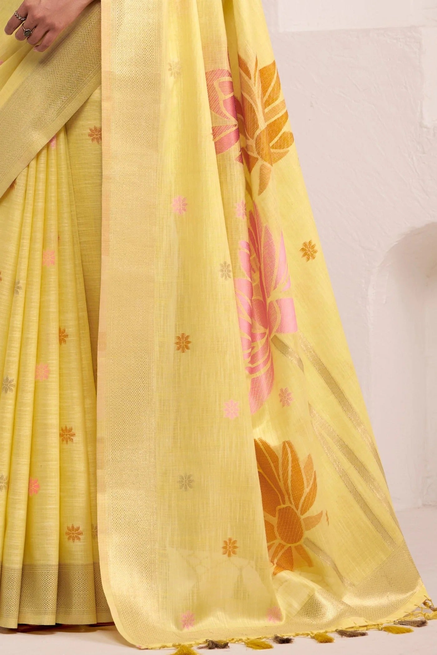 Bronze Yellow Woven Linen Soft Silk Saree