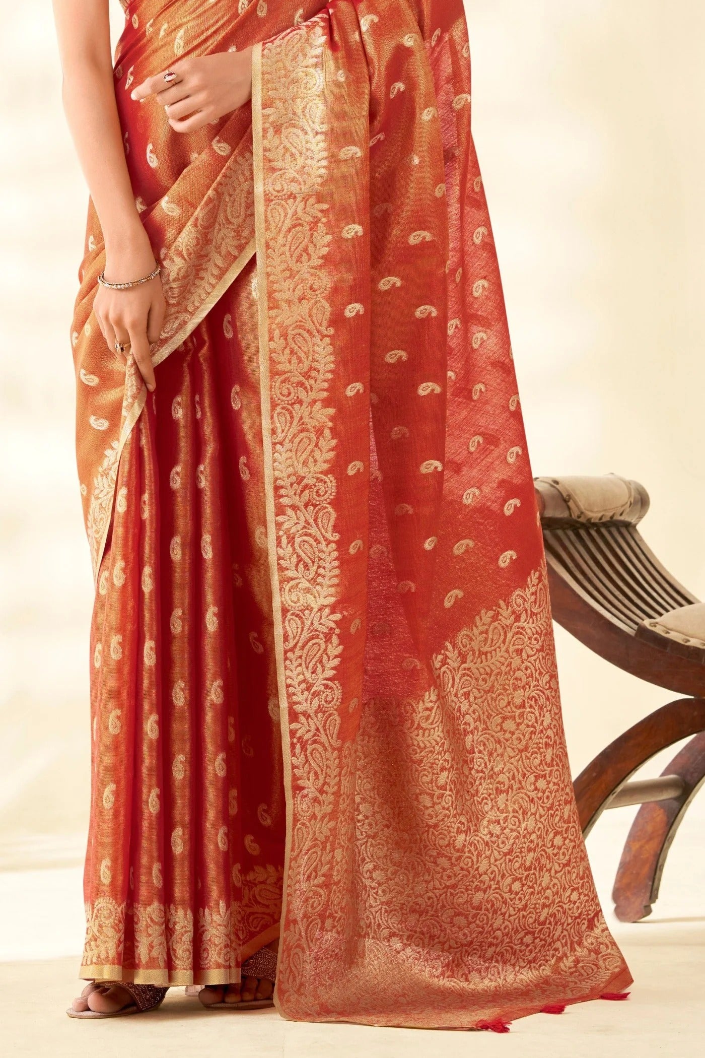 Coral Orange Woven Tissue Linen Saree With Blouse