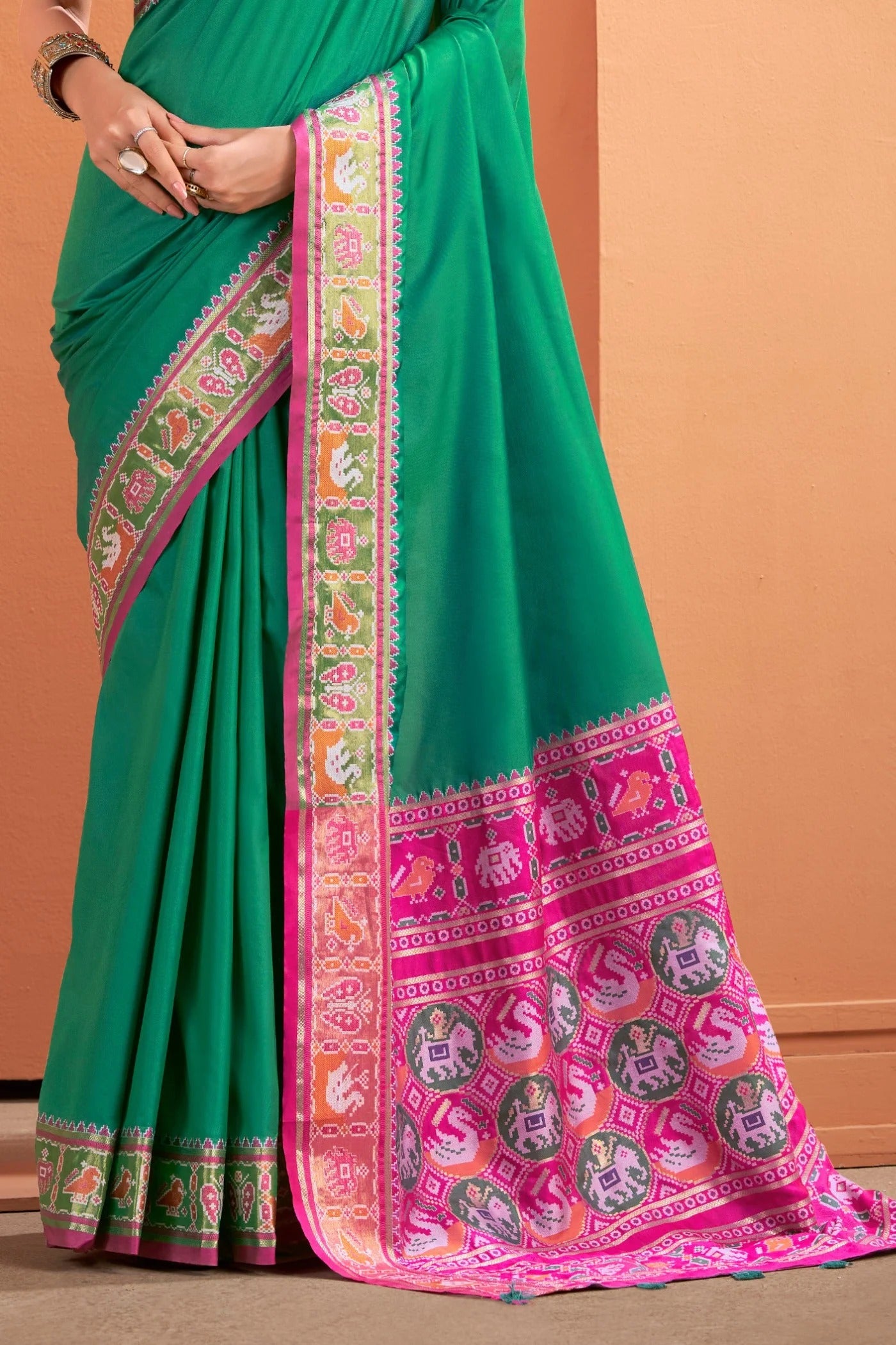 Forrest Green Woven Banarasi Patola Soft Silk Saree